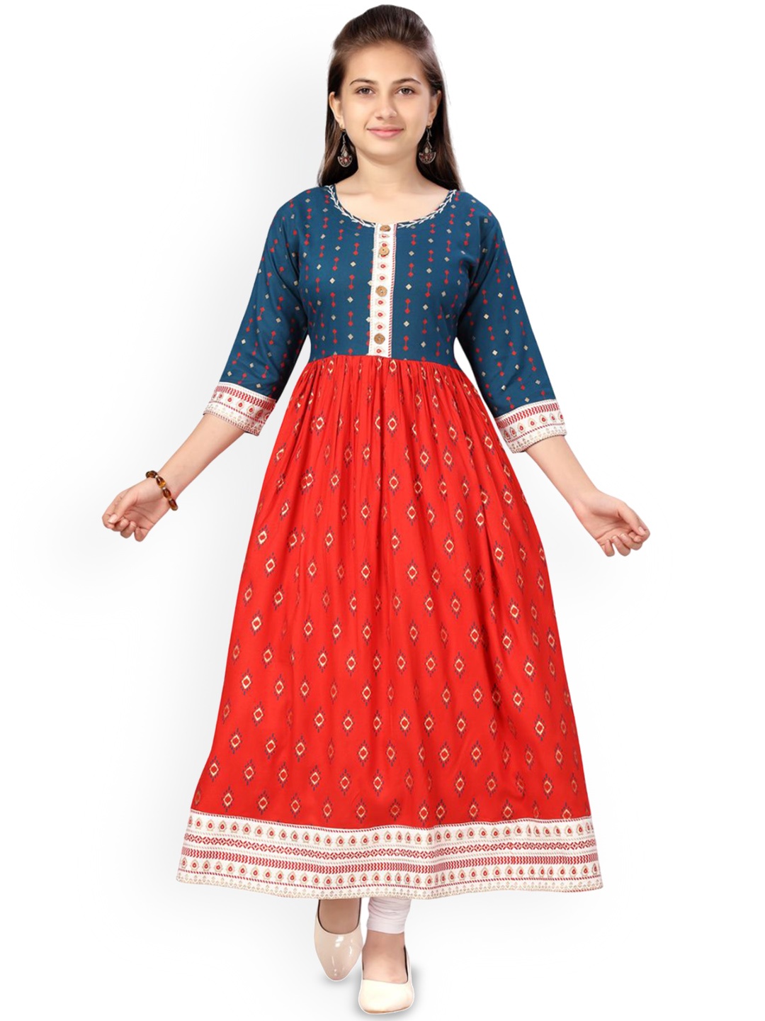 

BAESD Girls Ethnic Motifs Printed Panelled Cotton Anarkali Kurta, Green