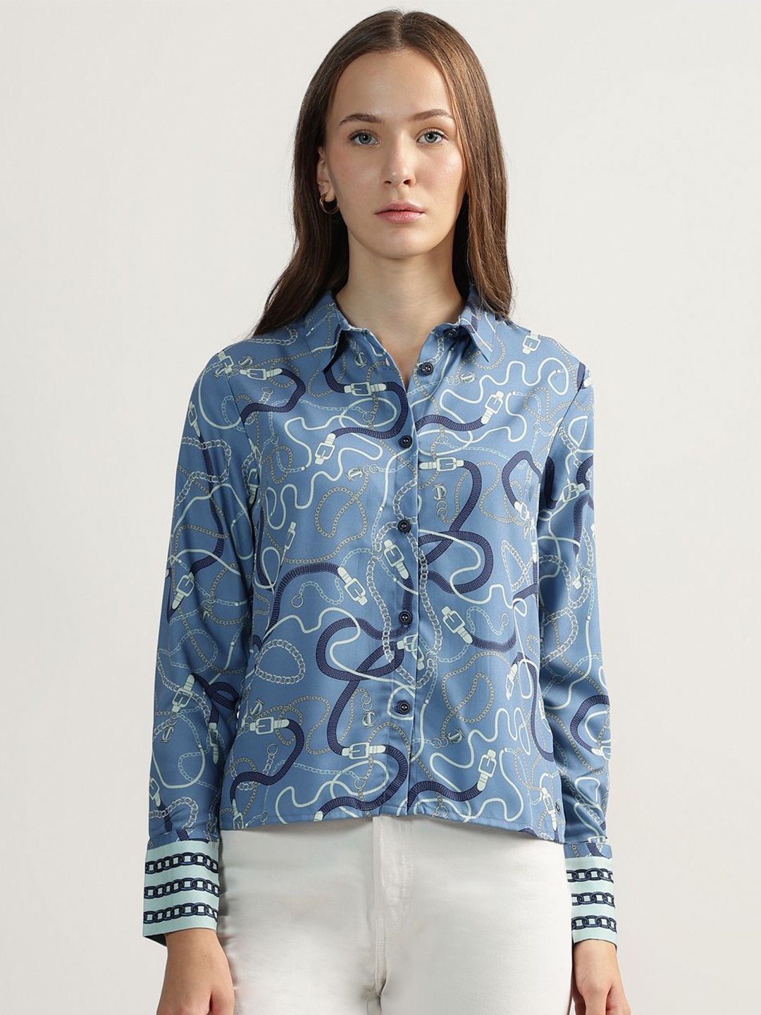 

Iconic Women Spread Collar Abstract Printed Cotton Casual Shirt, Teal