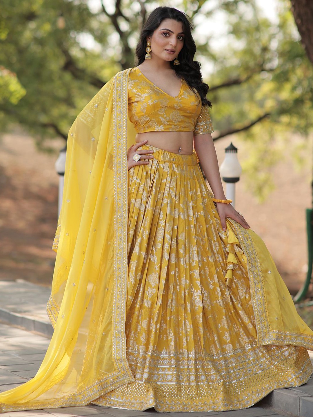 

KALINI Printed V-Neck Sequinned Ready to Wear Lehenga & Unstitched Blouse With Dupatta, Yellow