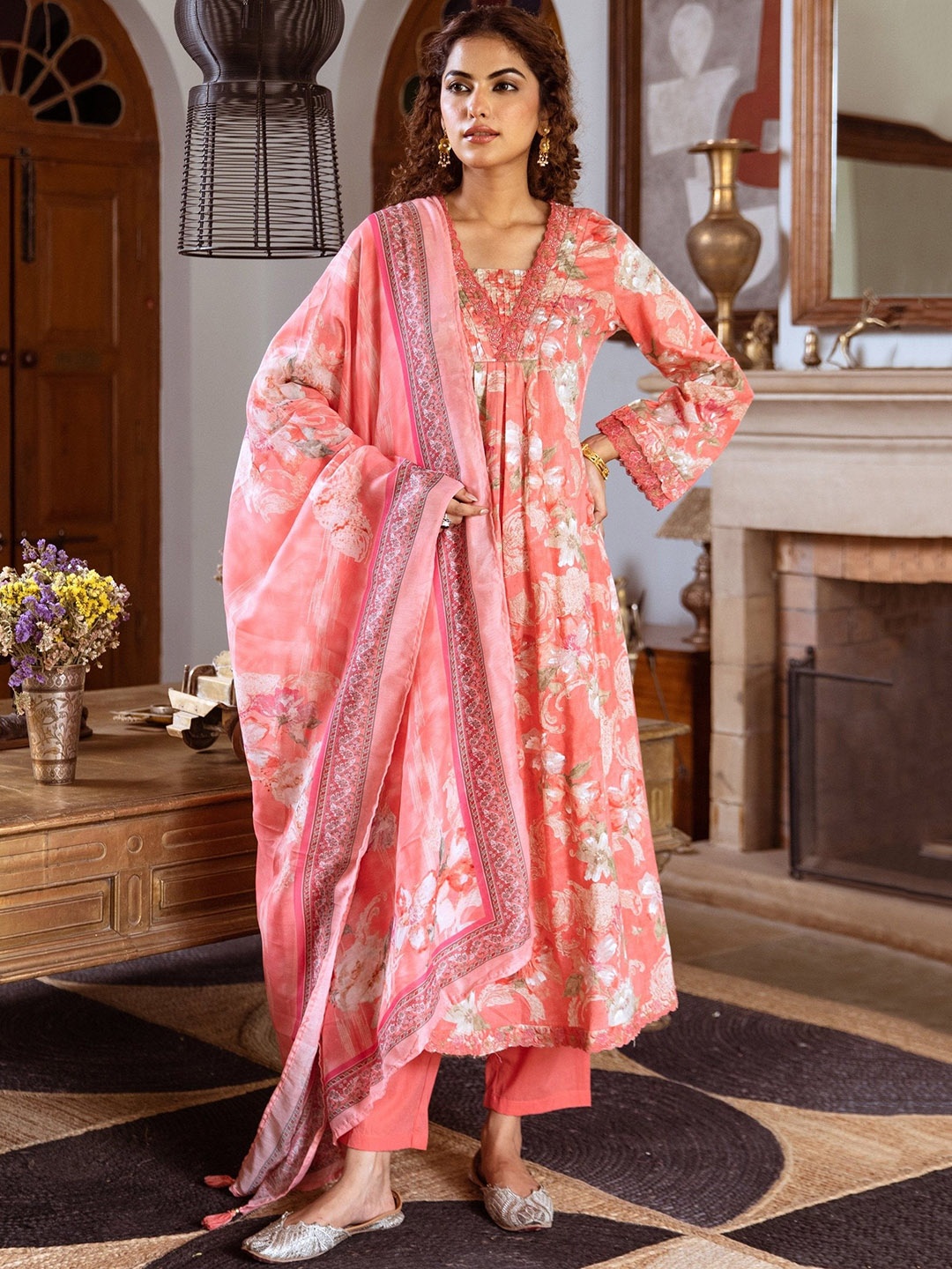 

AUTUMN LANE Floral Printed Regular Pure Cotton Anarkali Kurta with Trousers & Dupatta, Pink