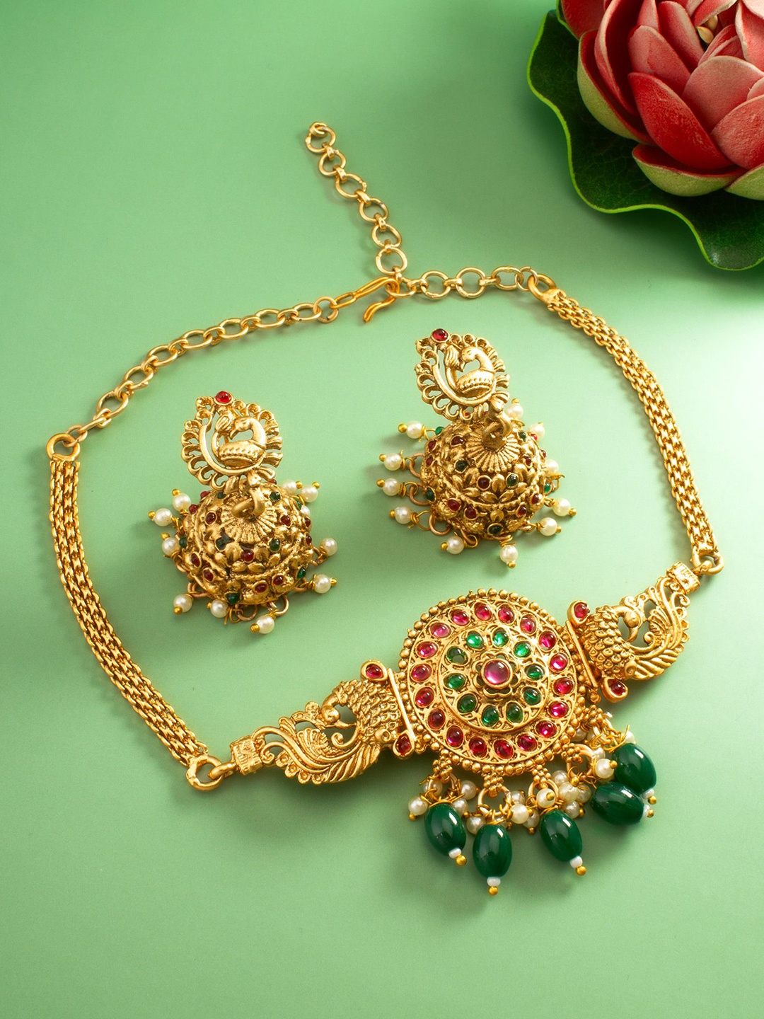 

aadita Stone Studded & Beaded Temple Necklace and Earrings, Gold