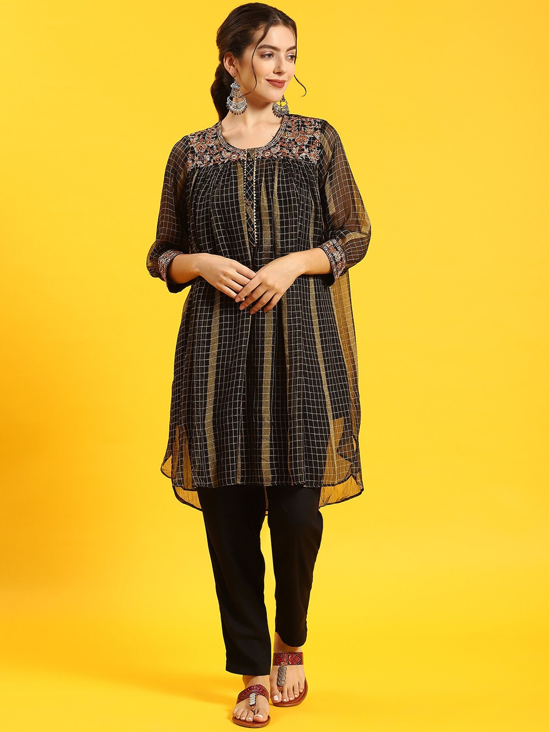

Shree Embroidered Pleated Thread Work Kurta with Trouser, Black