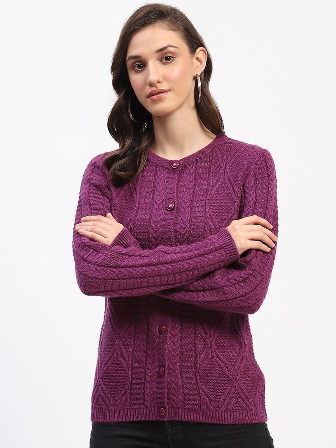 

Madame Women Self Design Round Neck Cable Knit Cardigan Sweater, Purple