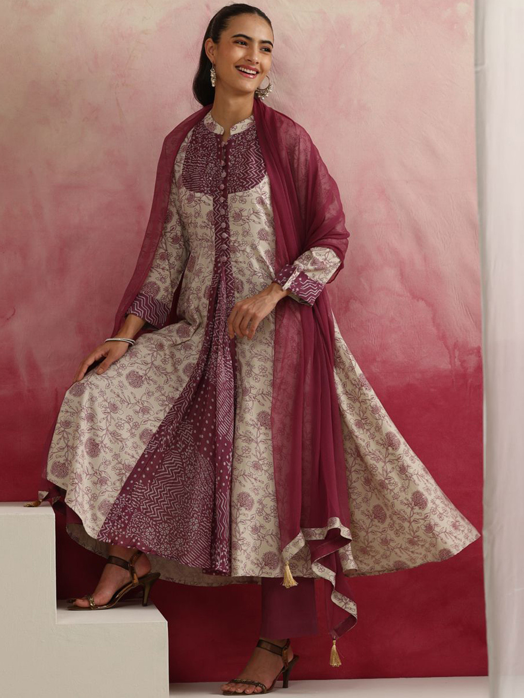 

Khushal K Floral Printed Mandarin Collar Anarkali Kurta with Palazzos & Dupatta, Cream