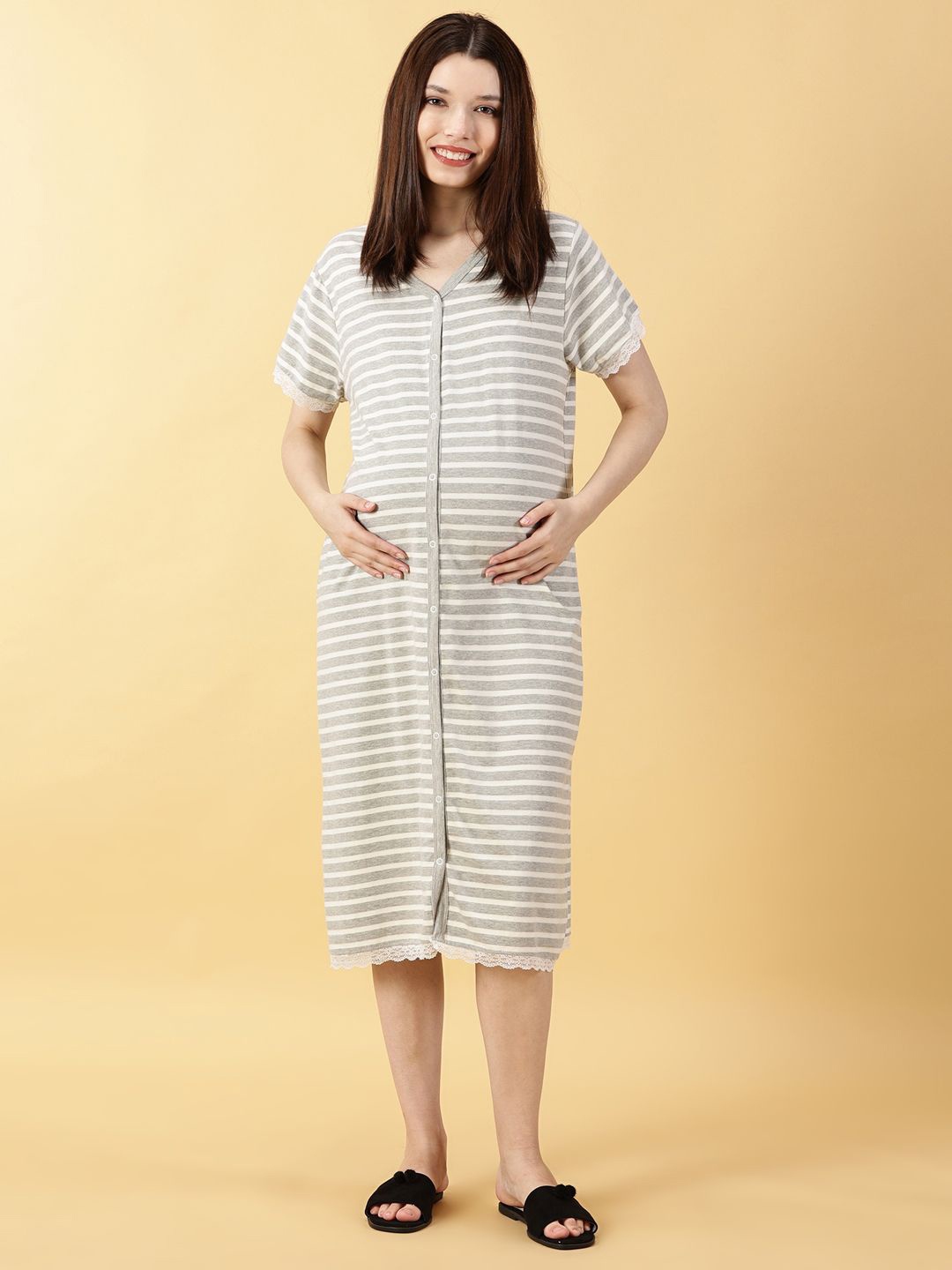 

PURPLE FLAUNT Striped Front Open Maternity Nightdress, Beige