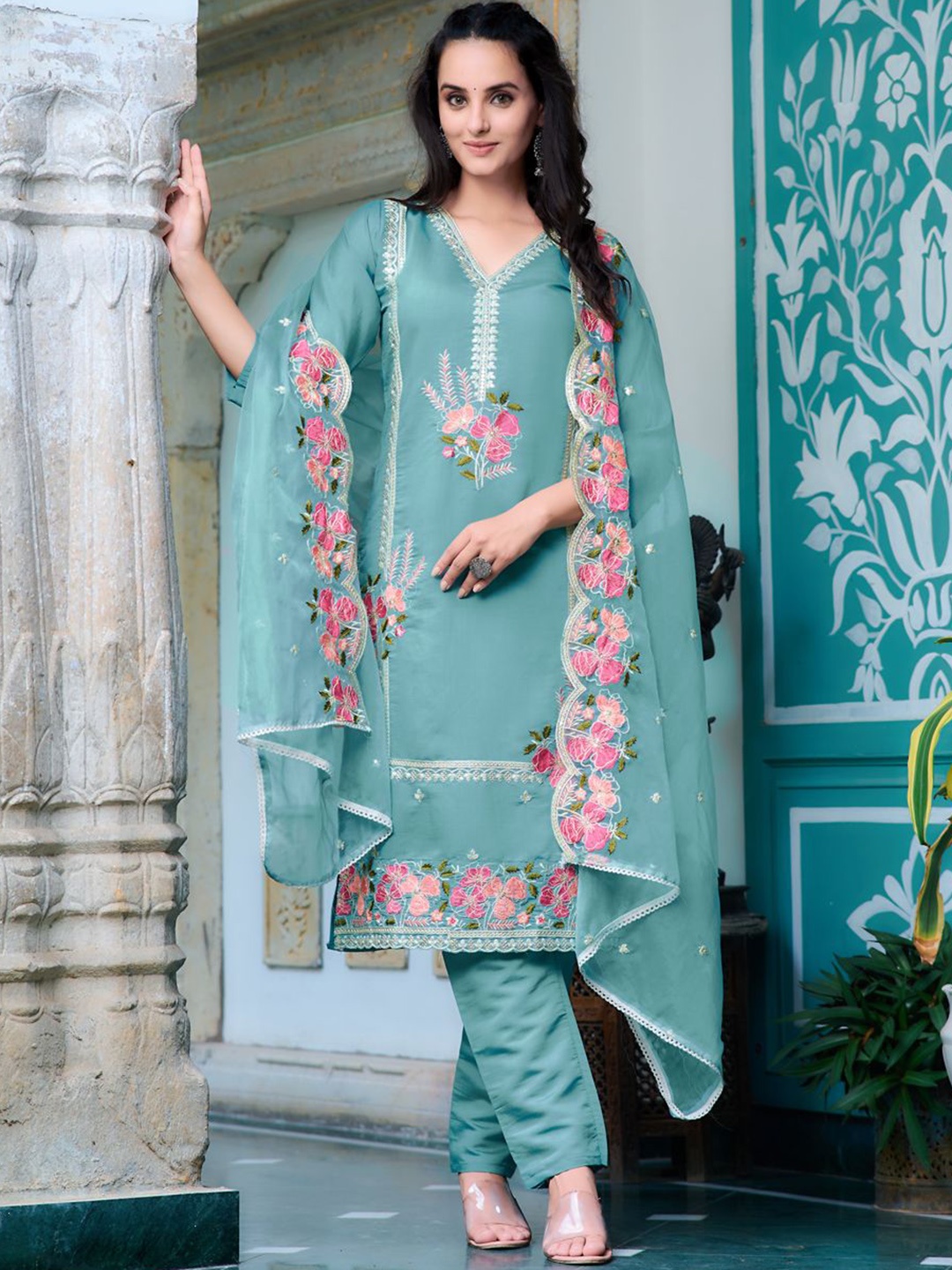 

Berrylicious Floral Embroidered Chanderi Cotton Straight Kurta With Trousers & Dupatta, Blue