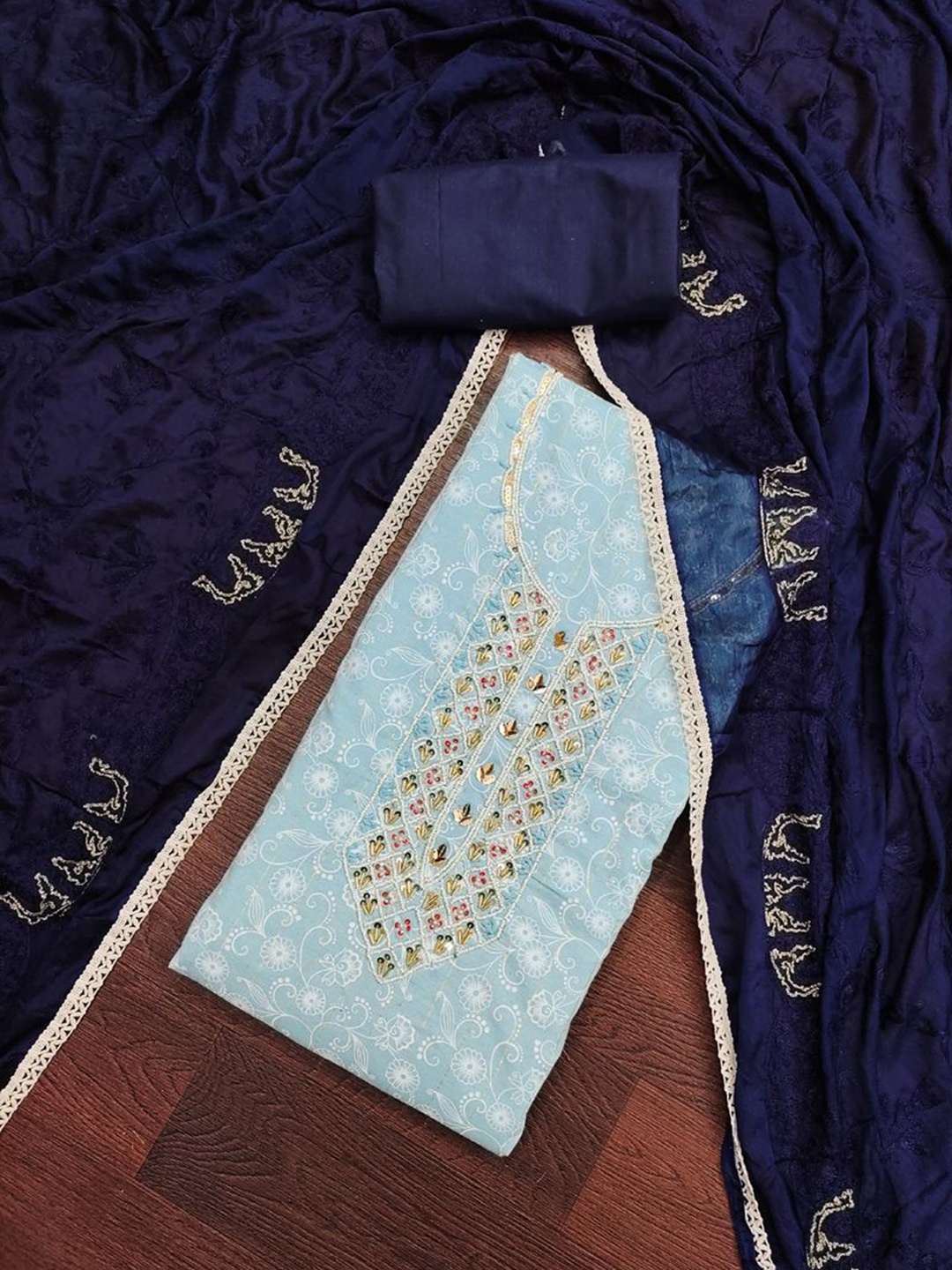

ASISA Floral Embroidered Beads and Stones Unstitched Dress Material, Blue