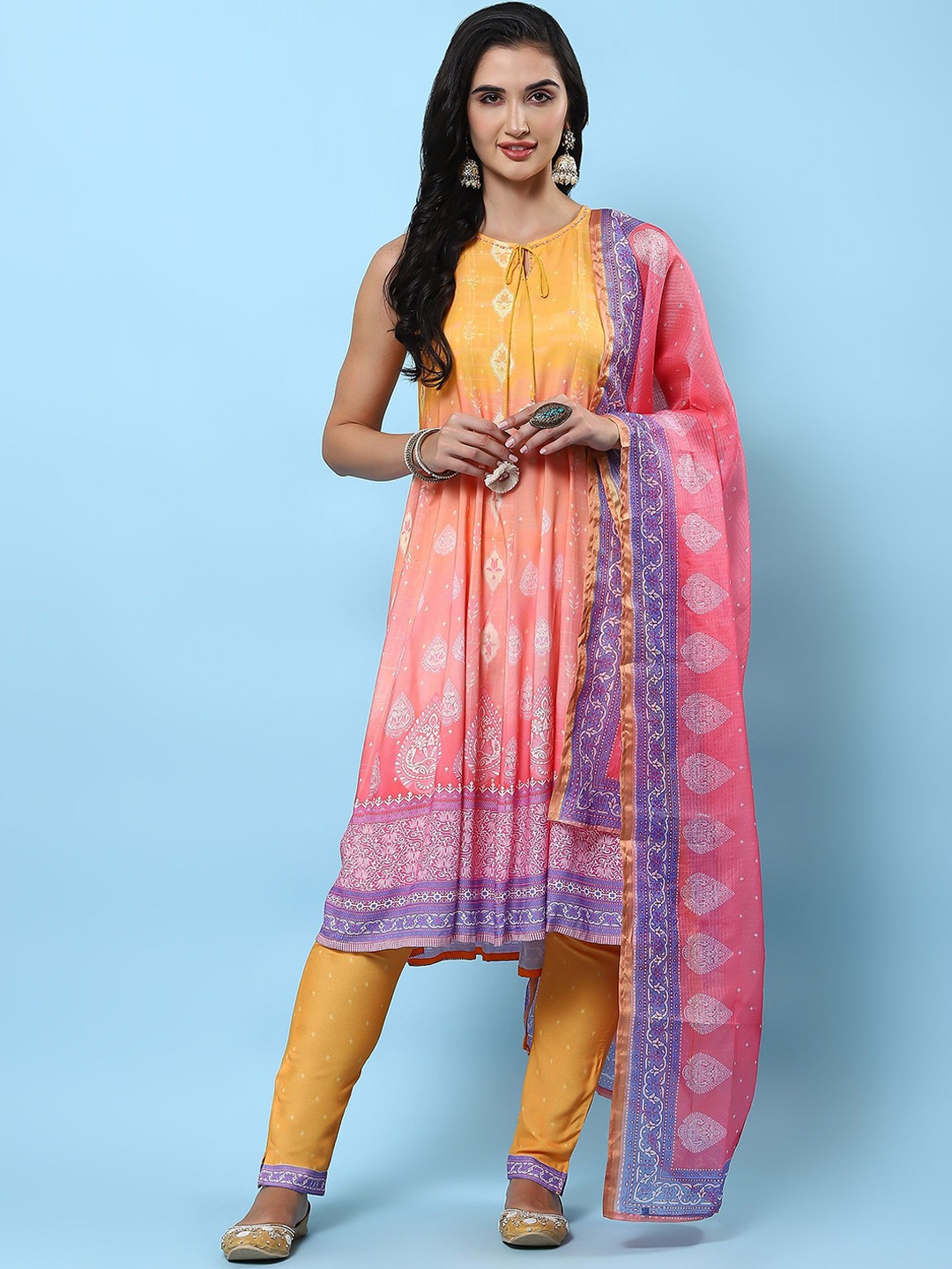 

Shree Floral Printed Liva A Line Kurta & Trousers With Dupatta, Orange