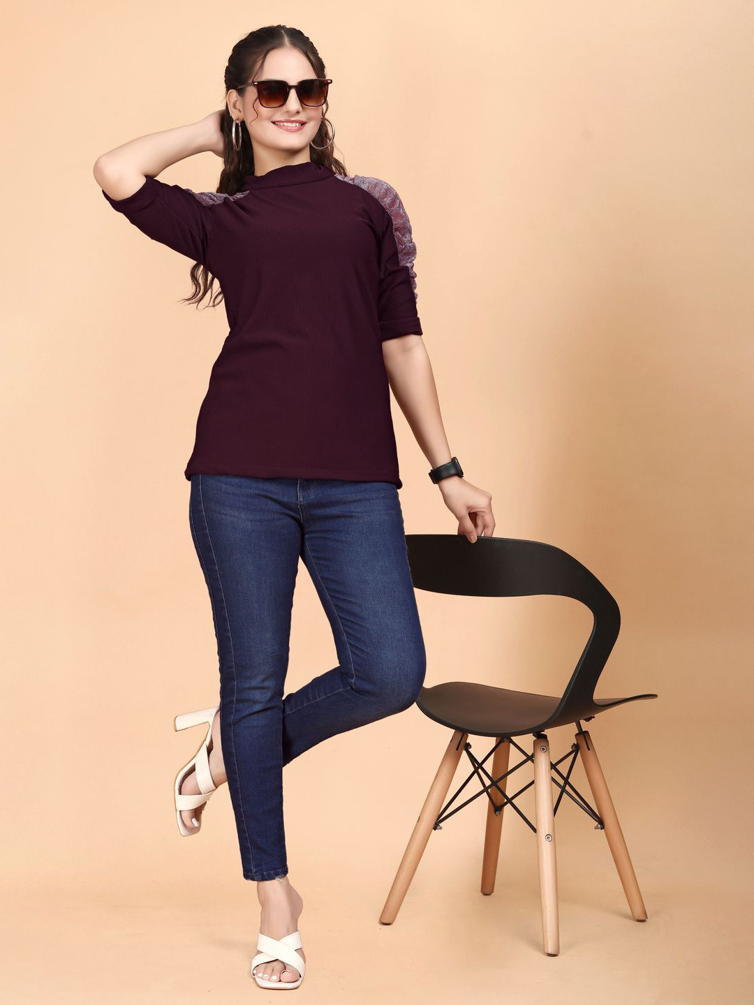 

ANJAVI FASHION Women Solid Round Neck Top, Maroon