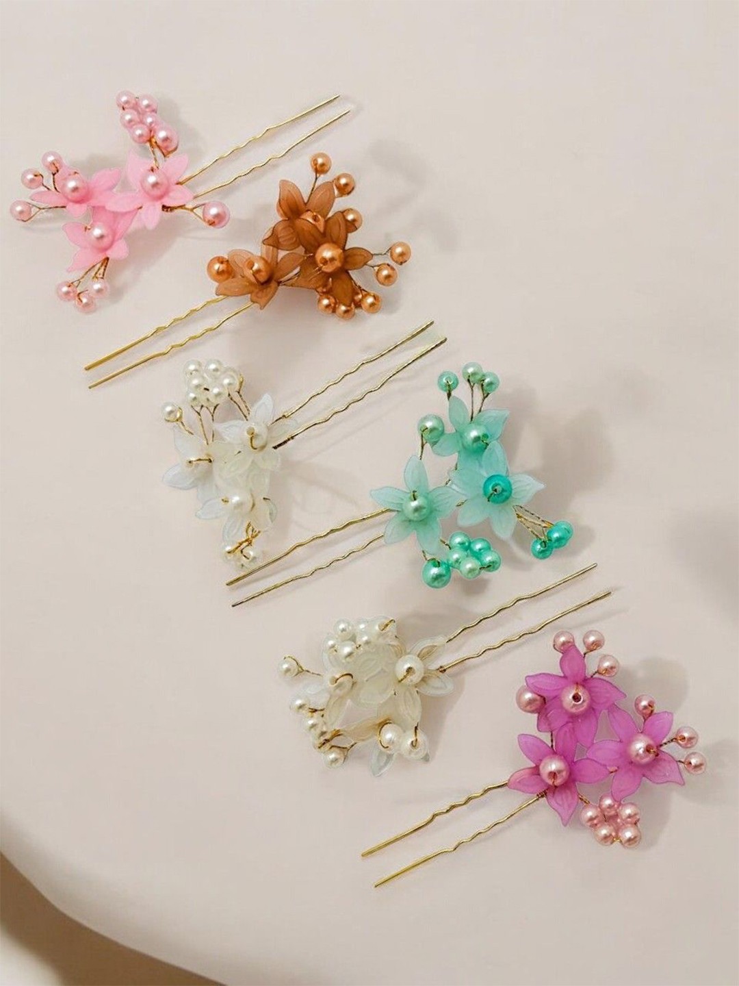 

9blings Women Set of 6 Floral Embellished U Pins, Green
