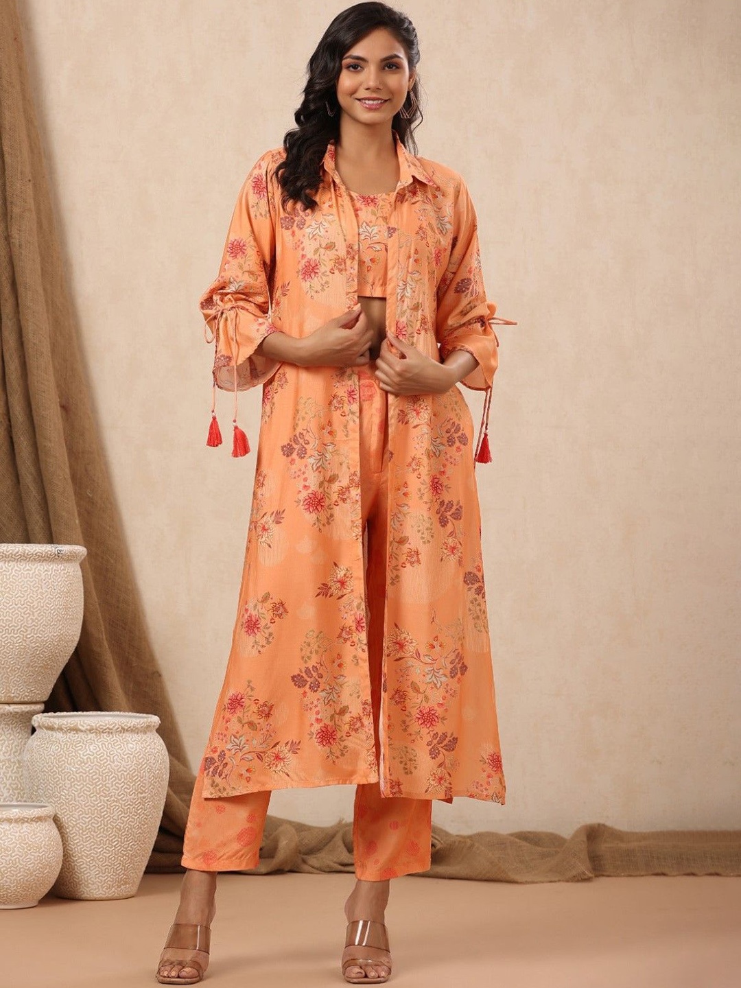 

AUTUMN LANE Floral Printed Pure Cotton Crop Top With Trousers & Shrug, Orange