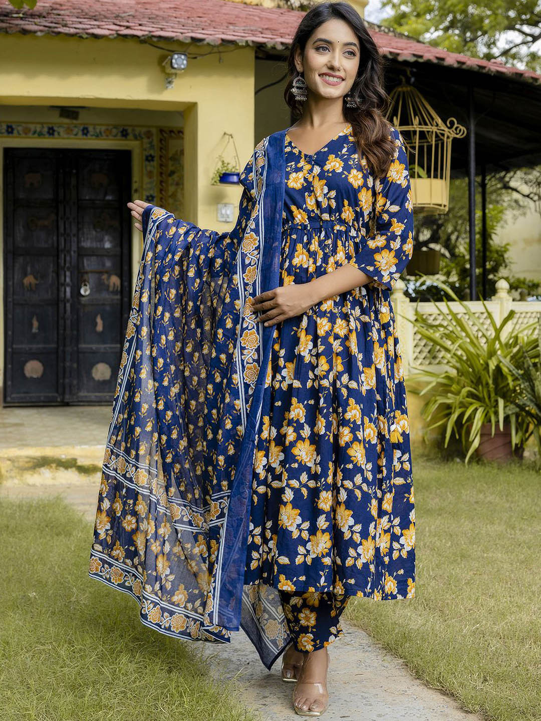 

Nayo Floral Regular Pure Cotton Anarkali Kurta with Trousers & Dupatta, Navy blue