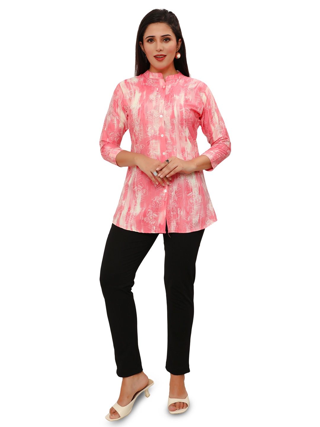 

Hy Fashion Mandarin Collar Printed Ethnic Tunic, Pink