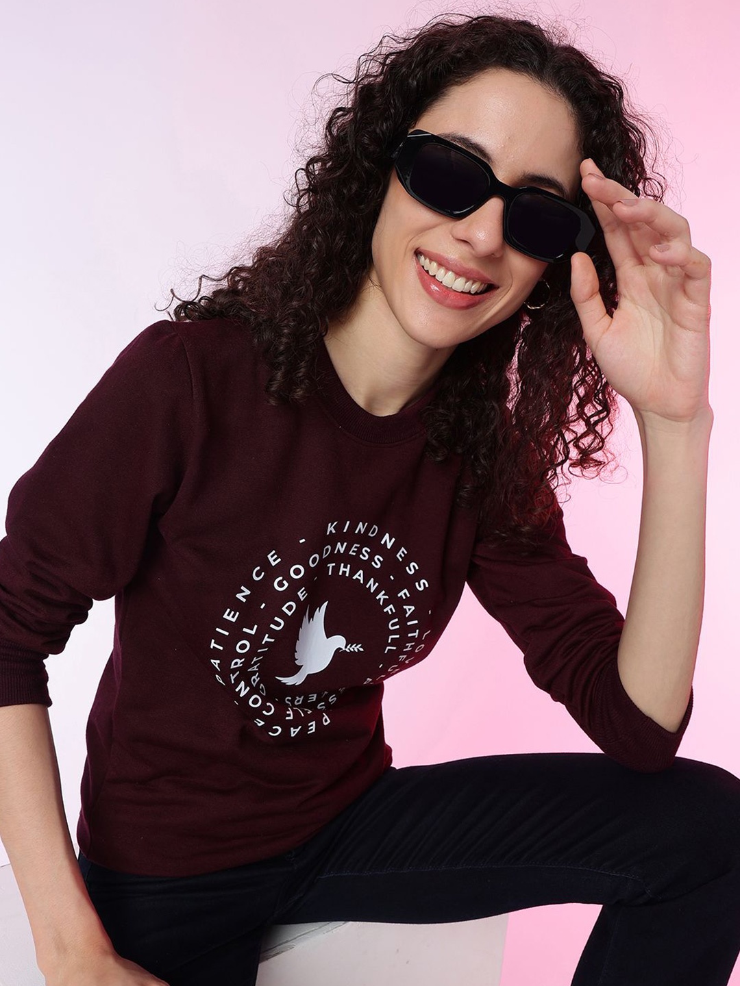 

Lagashi Women Round Neck Graphic Printed Pullover Ribbed Sweatshirt, Burgundy