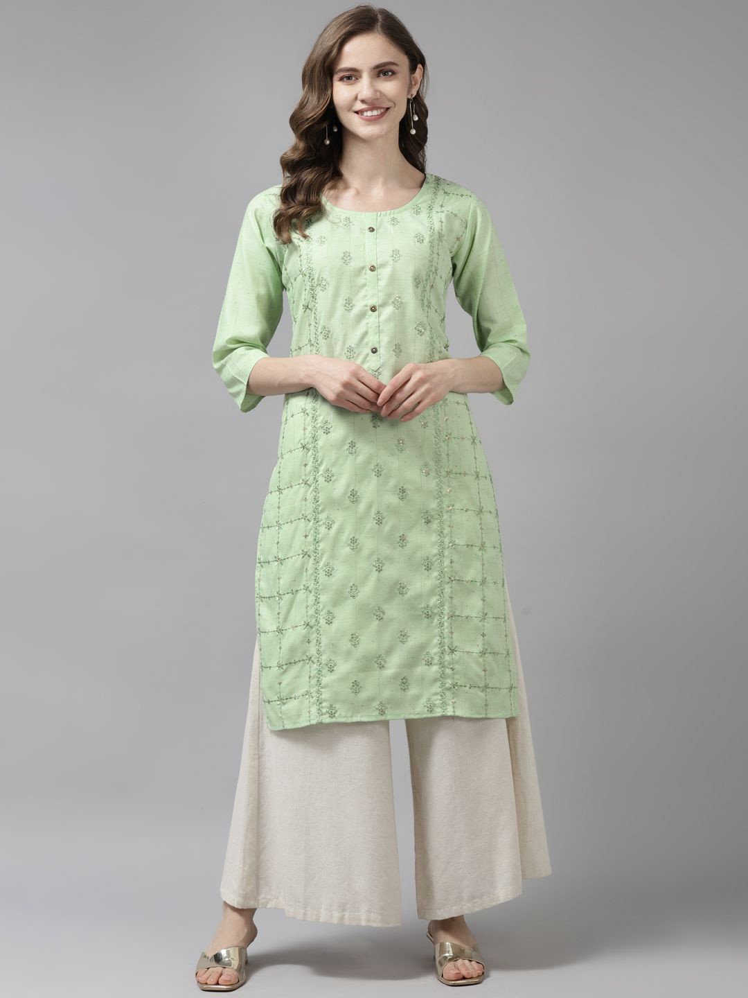 

BAESD Floral Embroidered Sequinned Cotton Straight Kurta, Sea green