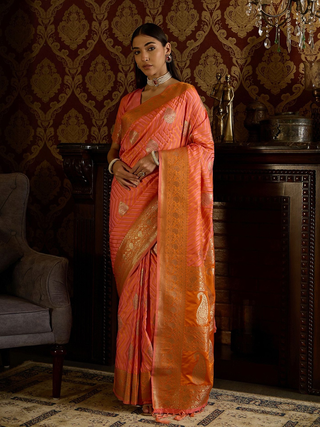 

Sangria Woven Design Zari Banarasi Saree, Orange
