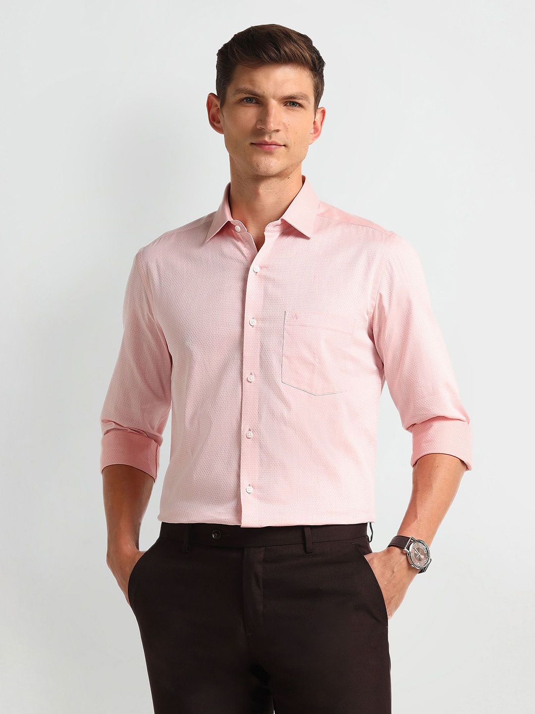 

Arrow Men Modern Spread Collar Checked Cotton Slim Fit Formal Shirt, Pink