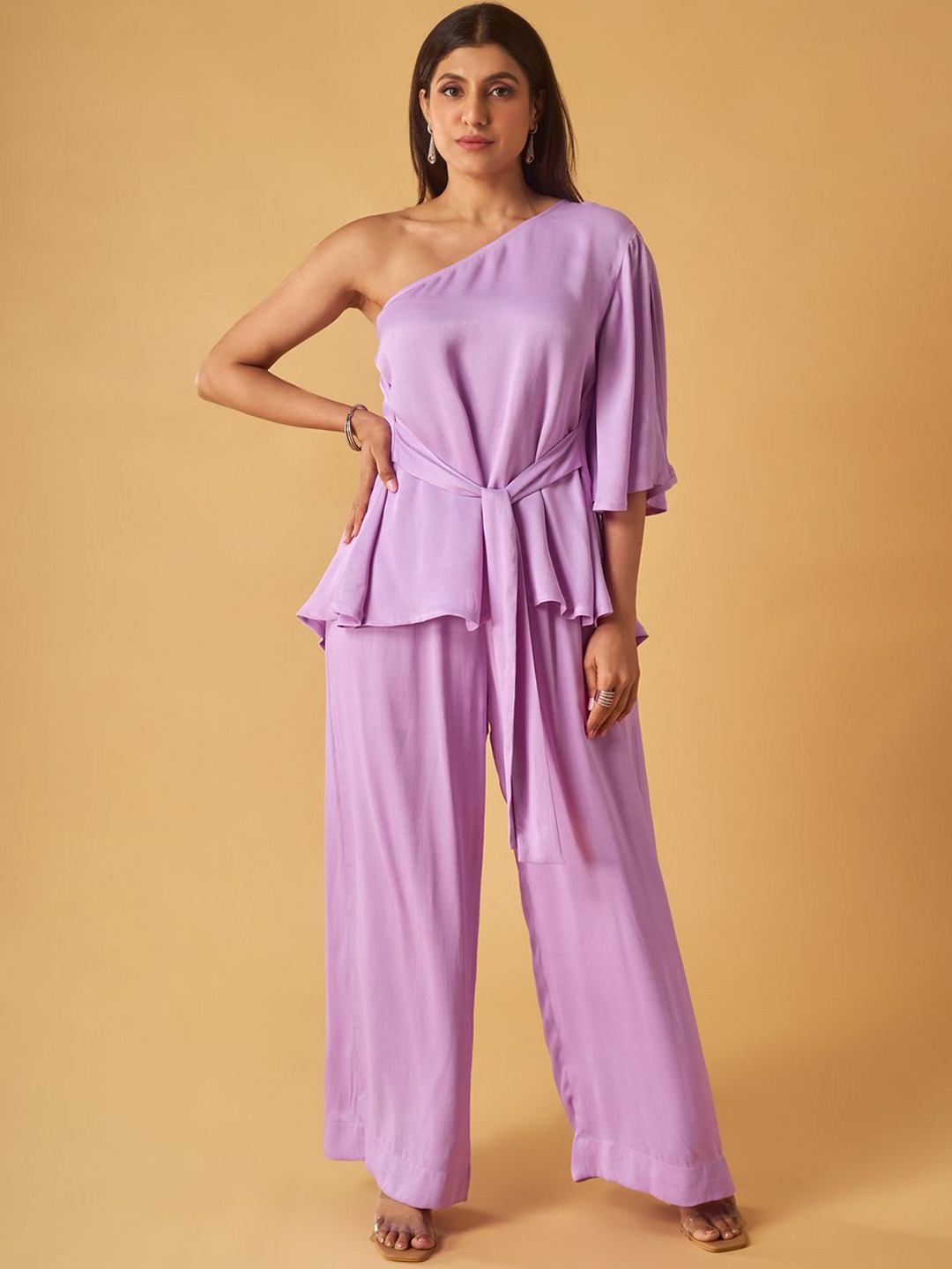 

Maisolos One Shoulder Pure Cotton Top With Trousers, Purple