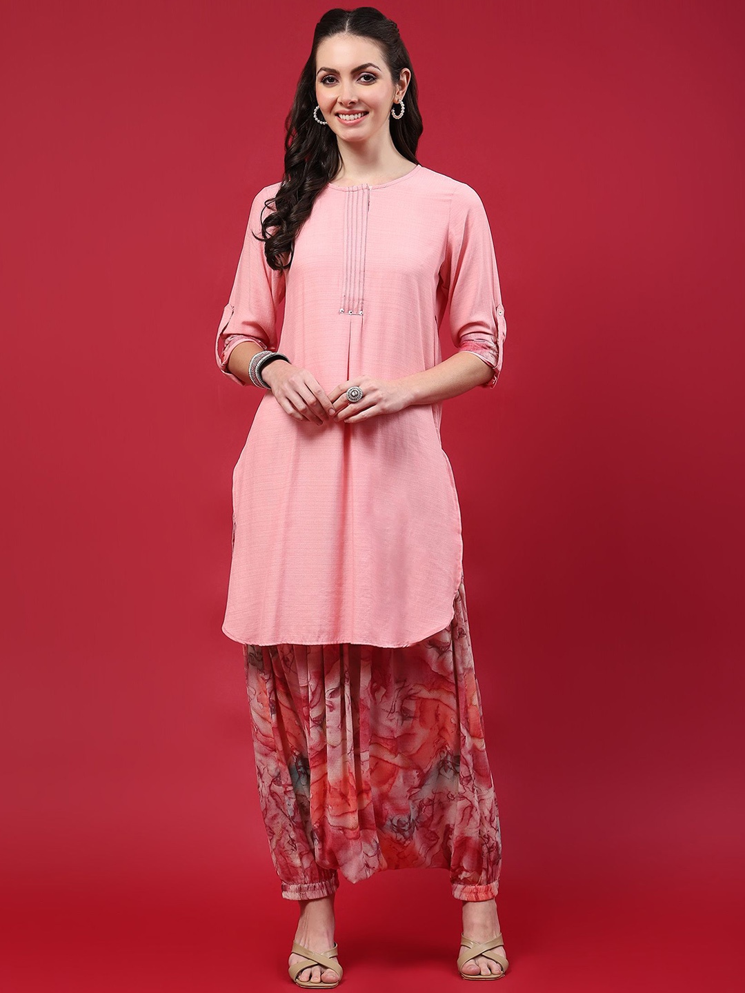 

Shree Round Neck Regular A Line Kurta with Harem Pants, Pink