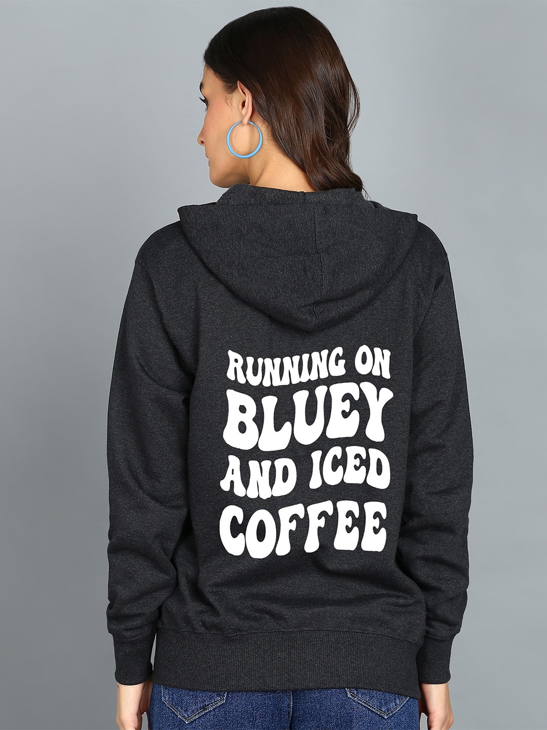 

FALTU.CO Women Printed Zip Detail Hooded Cotton Sweatshirt, Charcoal
