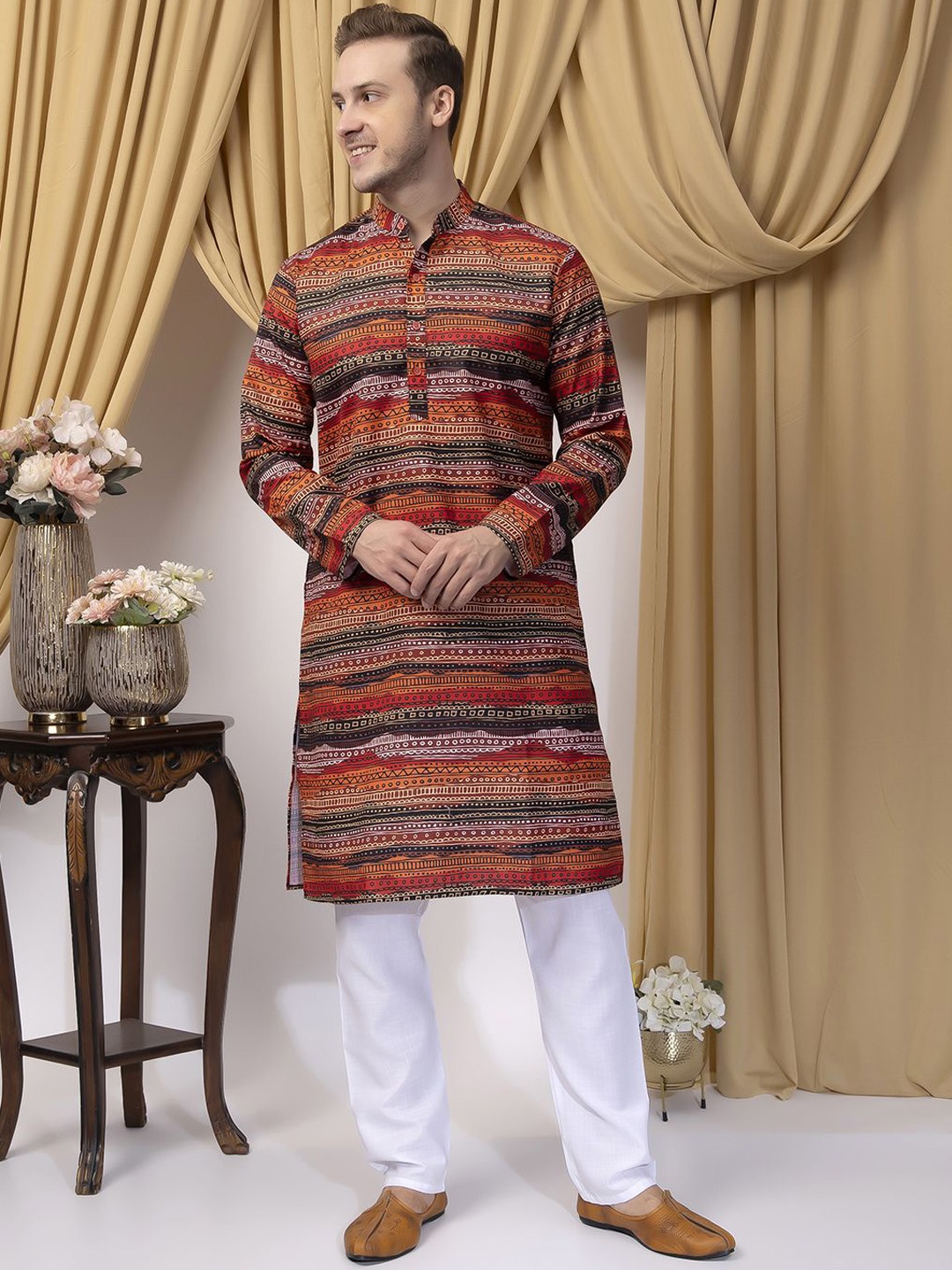 

Hangup Printed Cotton Straight Kurta with Pyjamas, Red