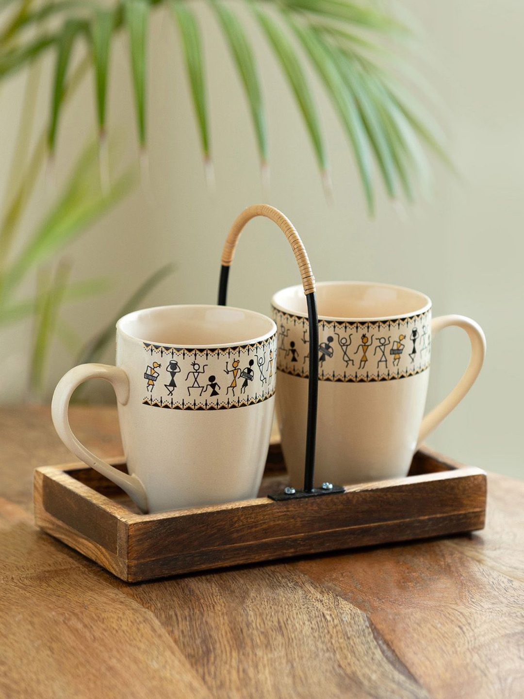 

ExclusiveLane Cream-Coloured & Brown 3 Pieces Printed Ceramic Matte Mugs With Wooden Tray