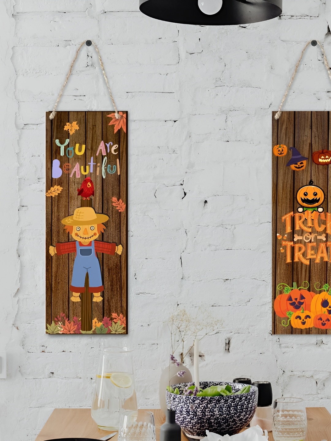 

CVANU Brown & Yellow 2 Pieces Wooden Printed Wall Hanging