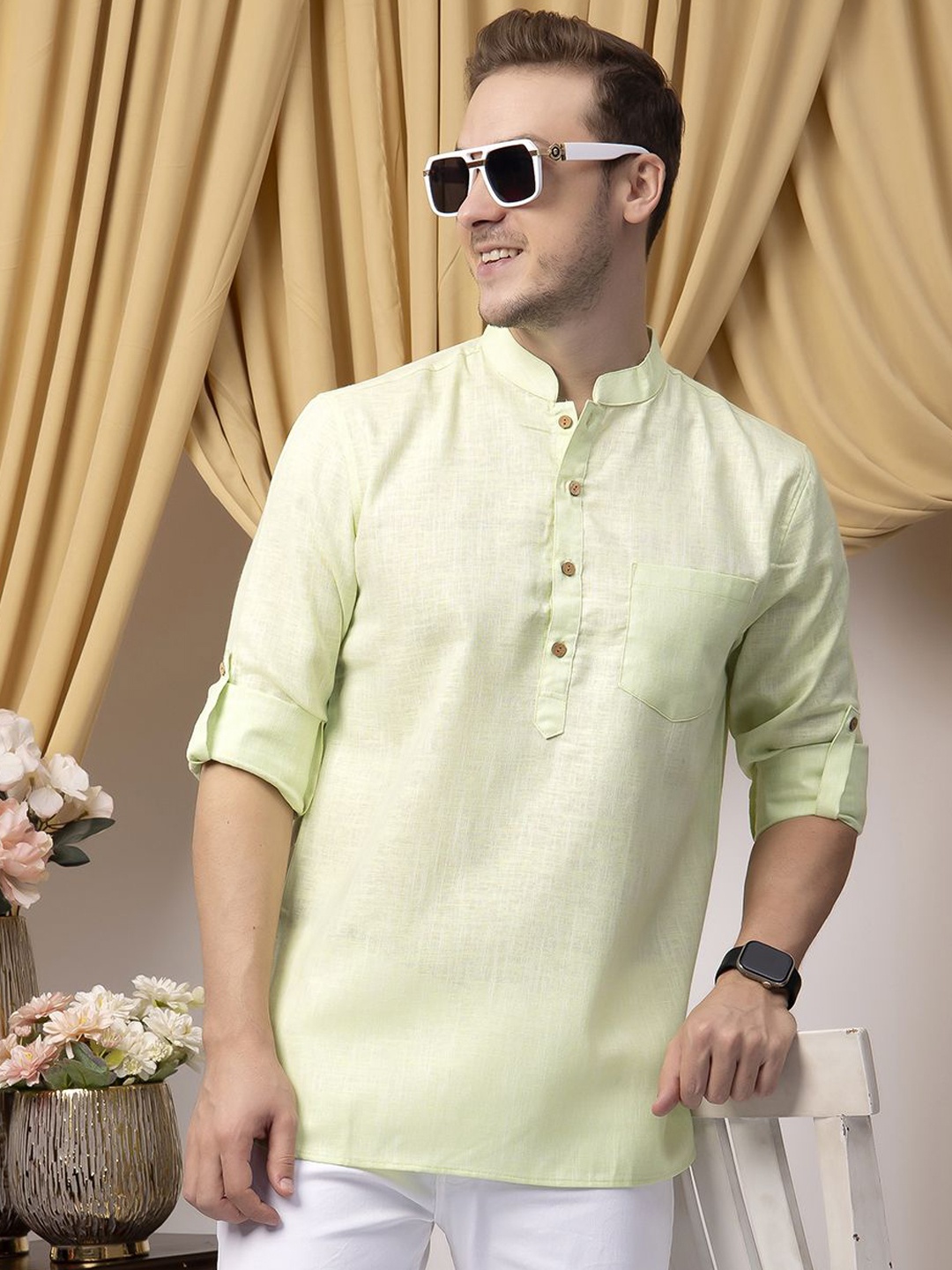 

Hangup Mandarin Collar Roll-Up Sleeves Linen Short Kurta, Green