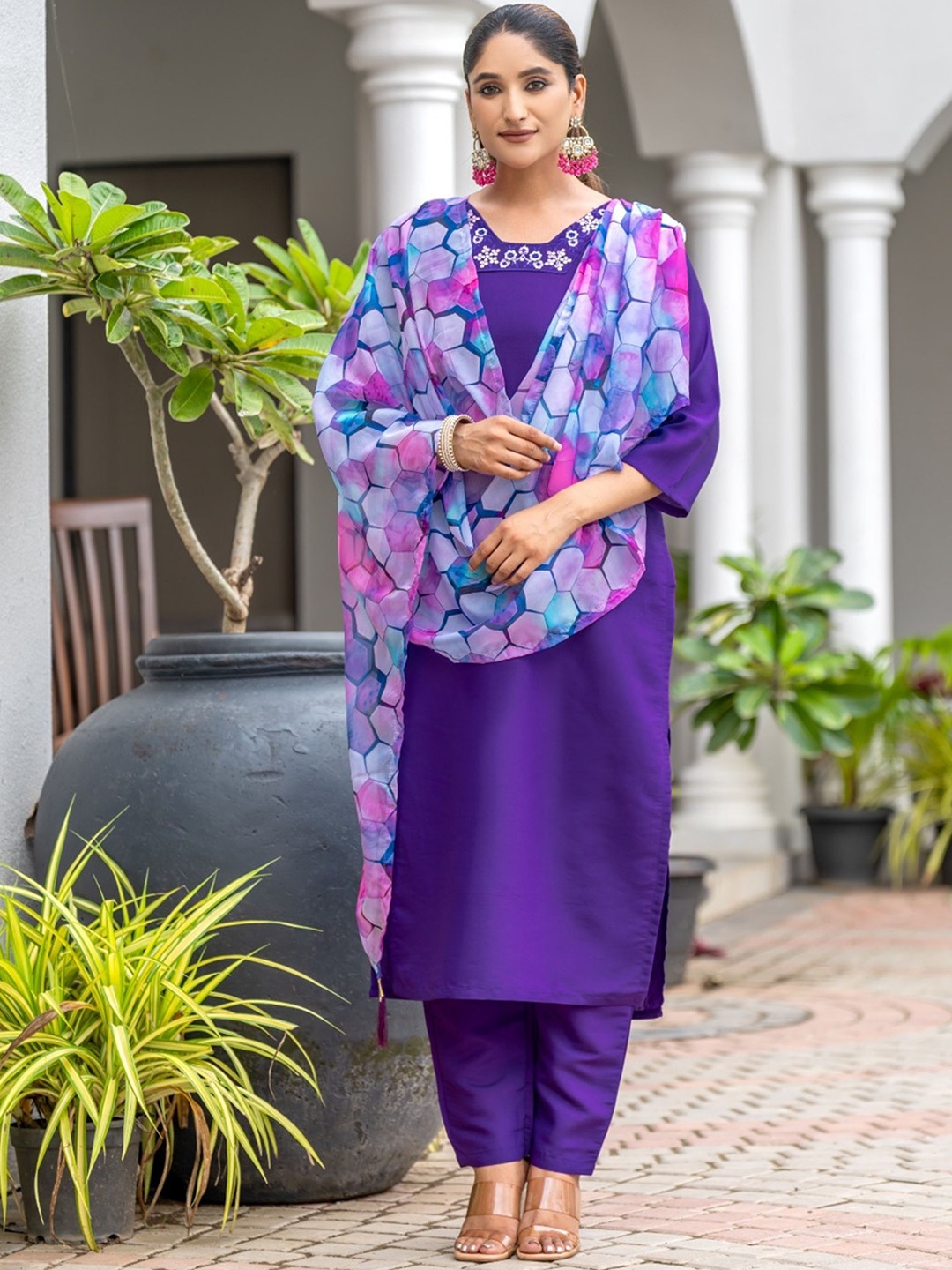 

NIZA FASHION Floral Yoke Design Sequinned Straight Kurta With Trouser & Dupatta, Purple