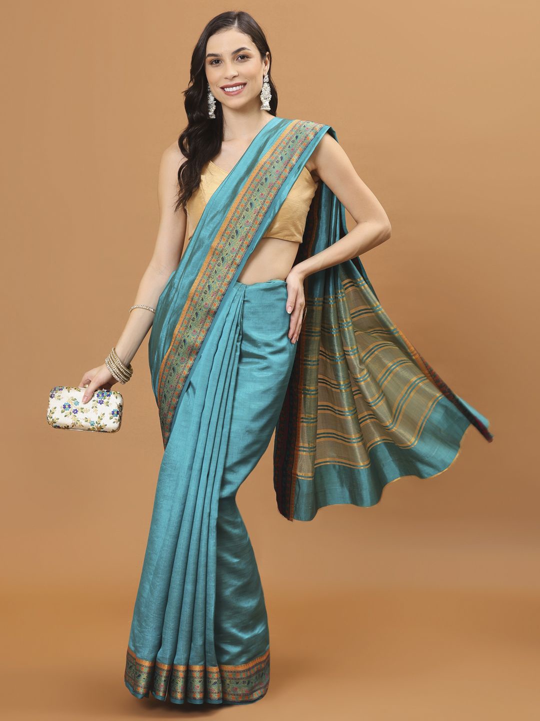 

Meena Bazaar Zari Art Silk Blue Solid Handloom Saree