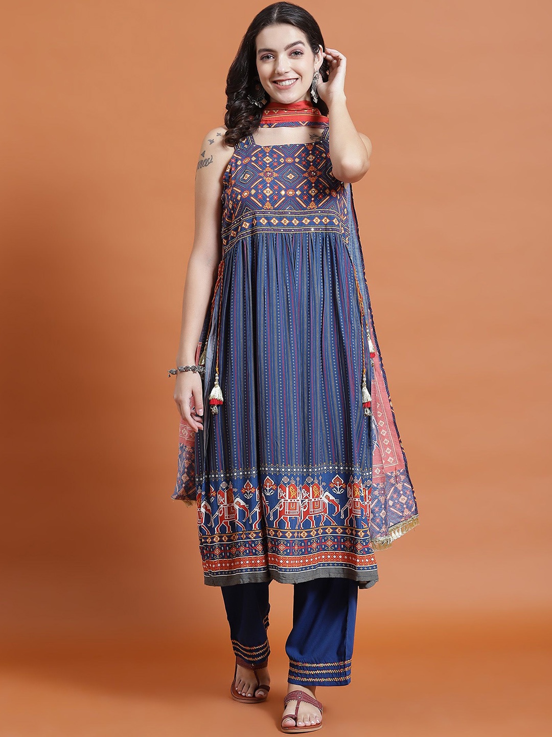 

Shree Ethnic Motifs Printed Regular A Line Kurta with Trousers & Dupatta, Navy blue
