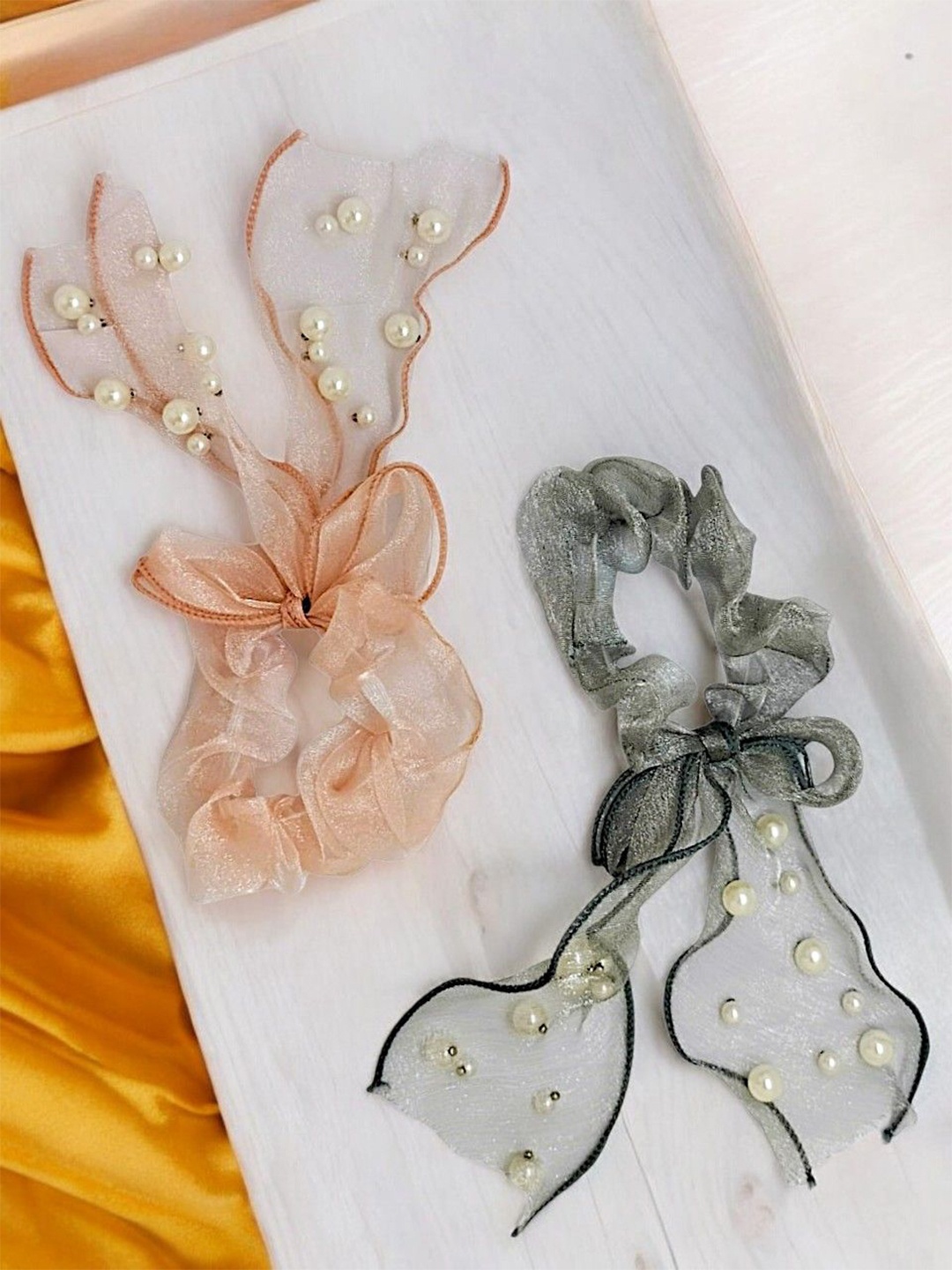

9blings Women Set of 2 Bow Beaded Ponytail Holders, Grey