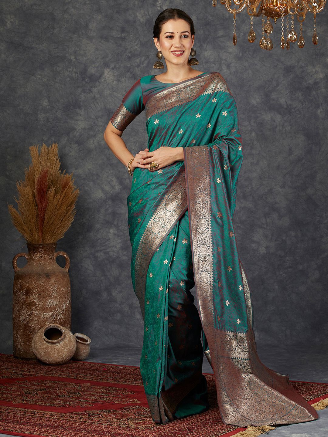 

all about you Floral Zari Pure Silk Banarasi Saree, Green