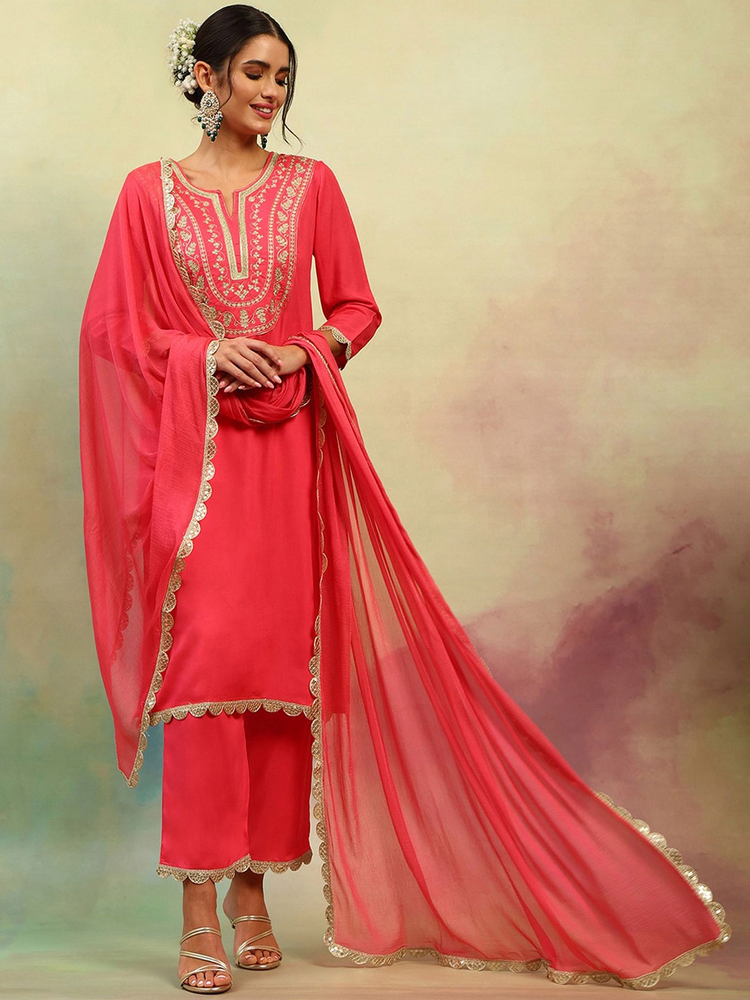 

Khushal K Ethnic Motifs Regular Thread Work Straight Kurta with Palazzos & Dupatta, Pink