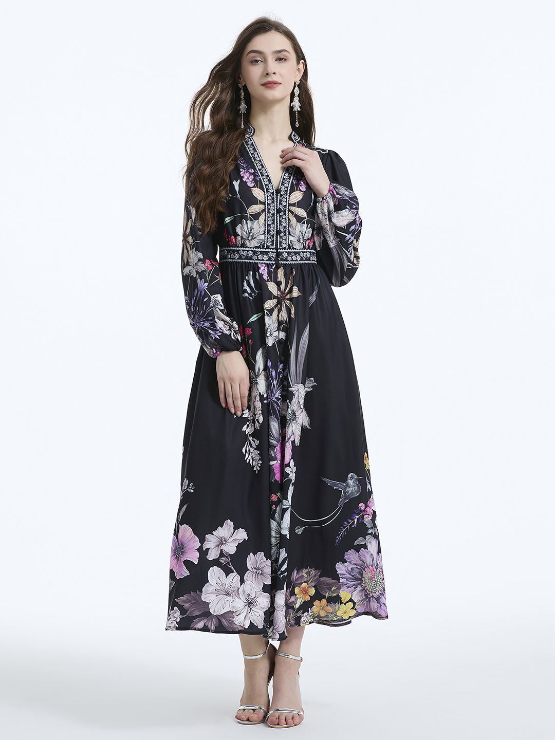 

JC Collection Shirt Collar Puff Sleeves Floral Print Gathered or Pleated Shirt Maxi Dress, Black