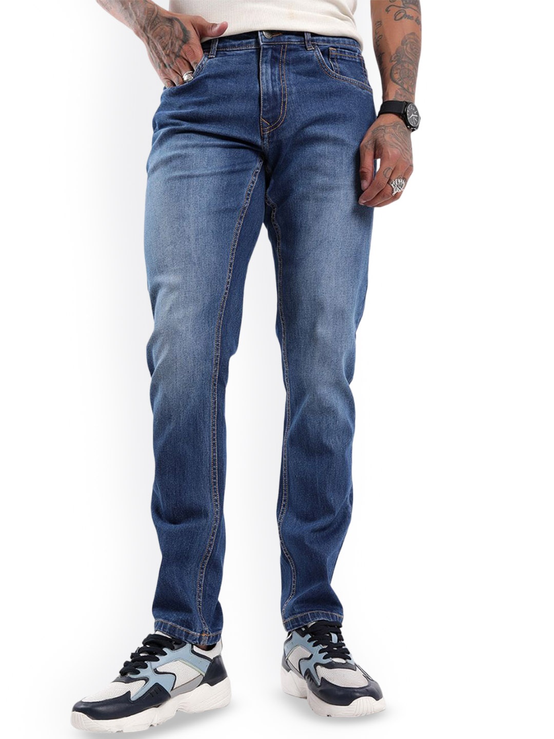

WROGN Men Slim Fit Mildly Distressed Light Fade Jeans, Blue