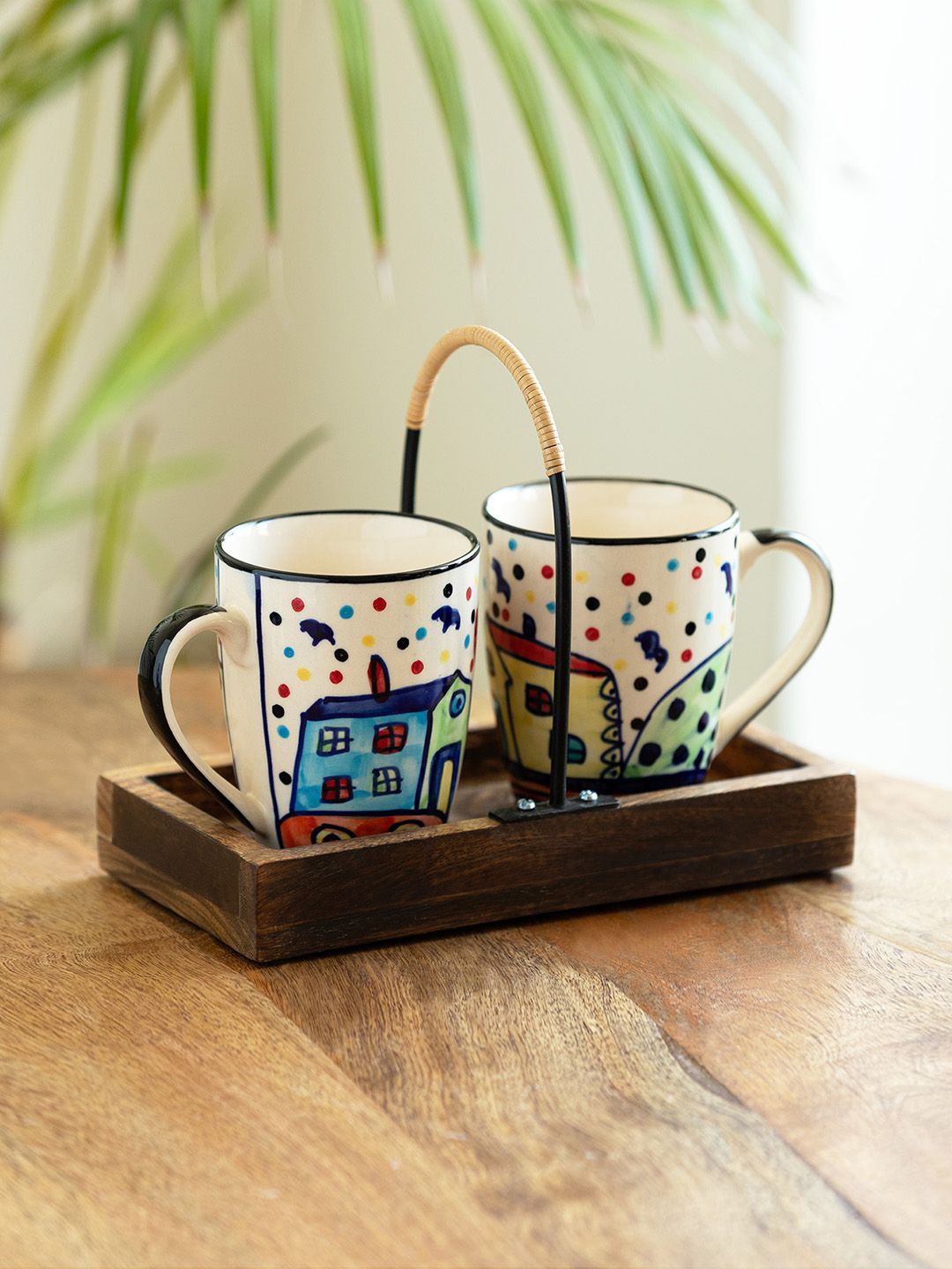 

ExclusiveLane The Hut White & Blue 3 Pieces Printed Ceramic Matte Mugs With Wooden Tray