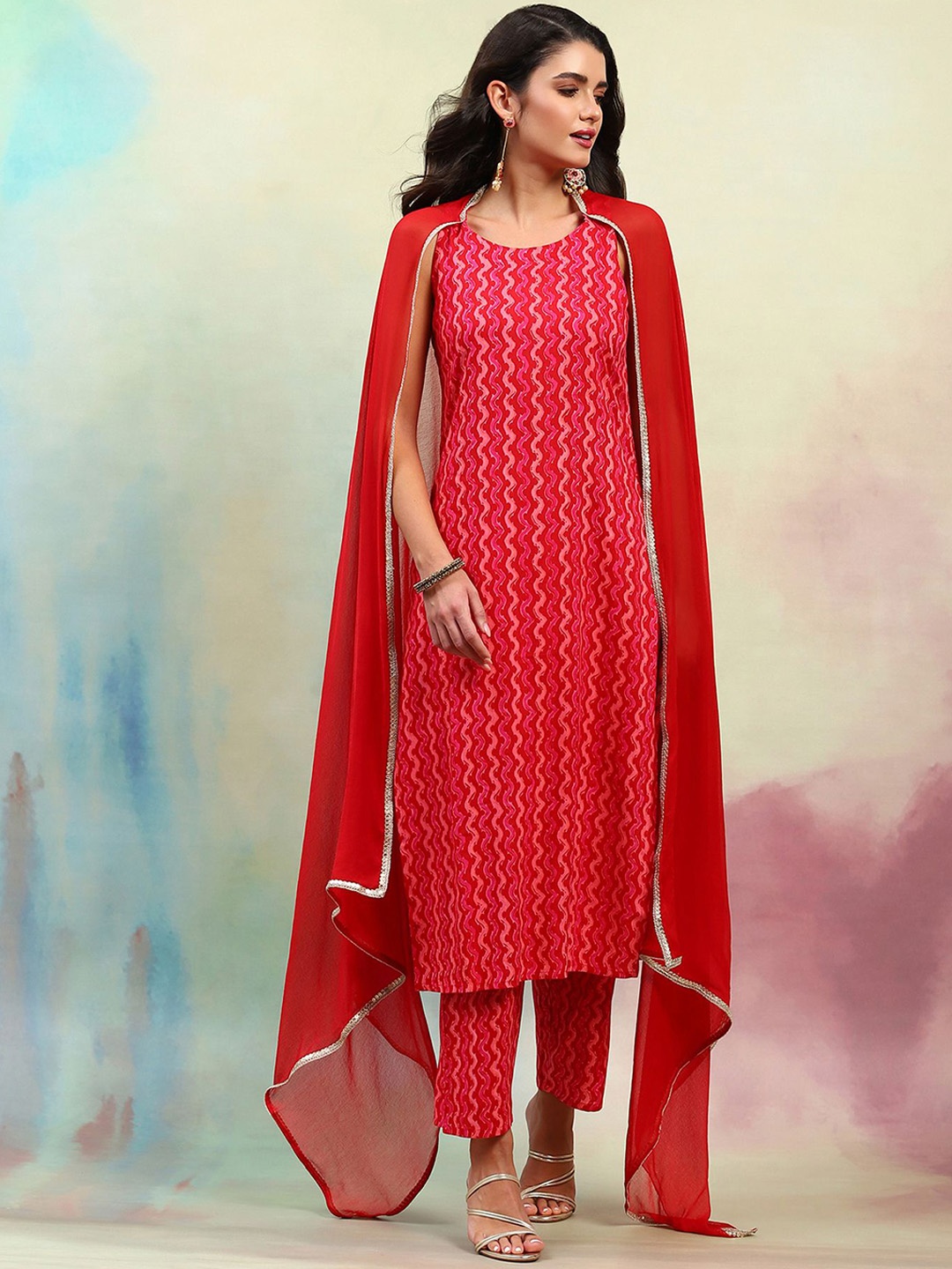 

Khushal K Geometric Printed Regular Straight Kurta with Palazzos & Dupatta, Red