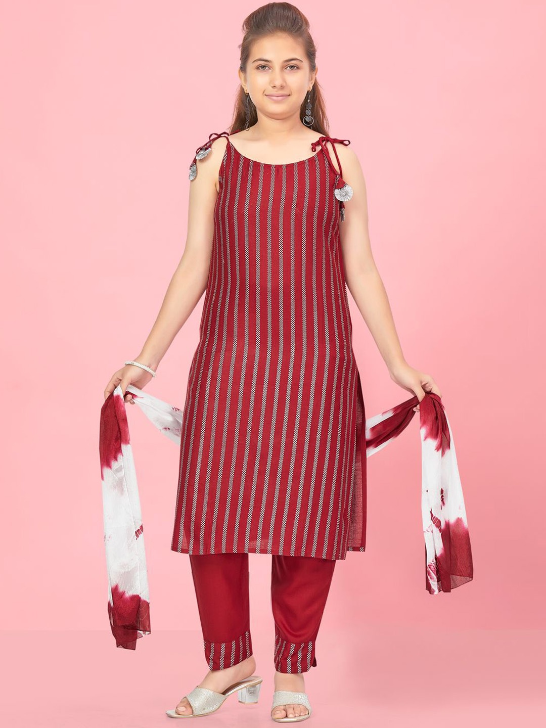 

BAESD Girls Striped Shoulder Straps Straight Kurta with Trousers & Dupatta, Maroon