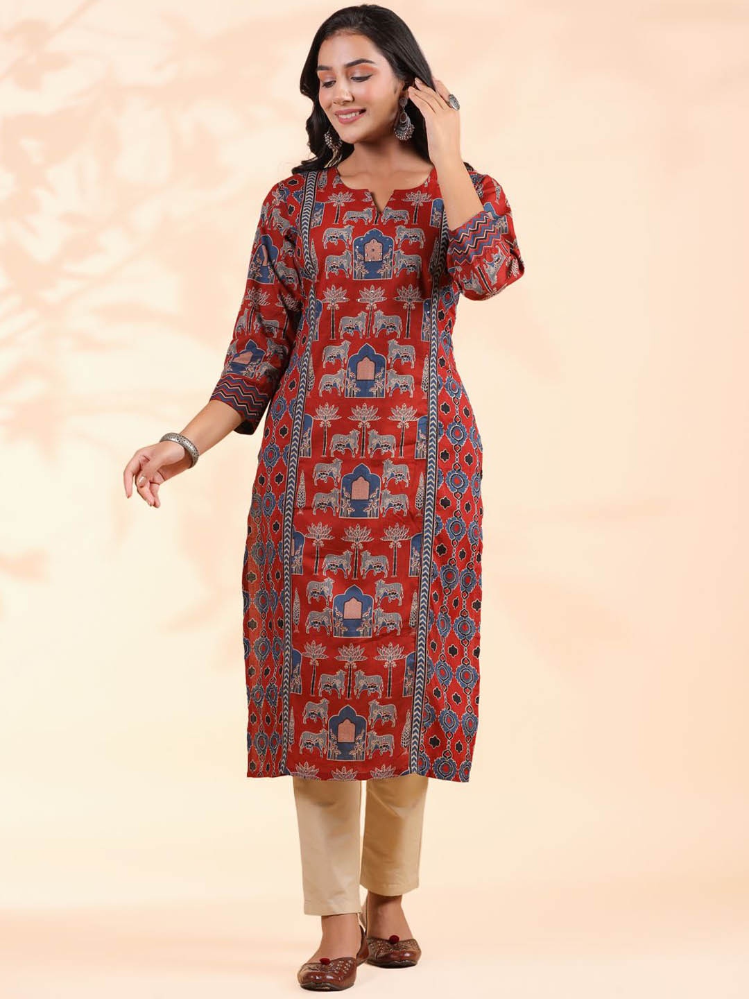 

Vbuyz Red Ethnic Motifs Printed Sequinned Notched Round Neck Cotton Straight Kurta