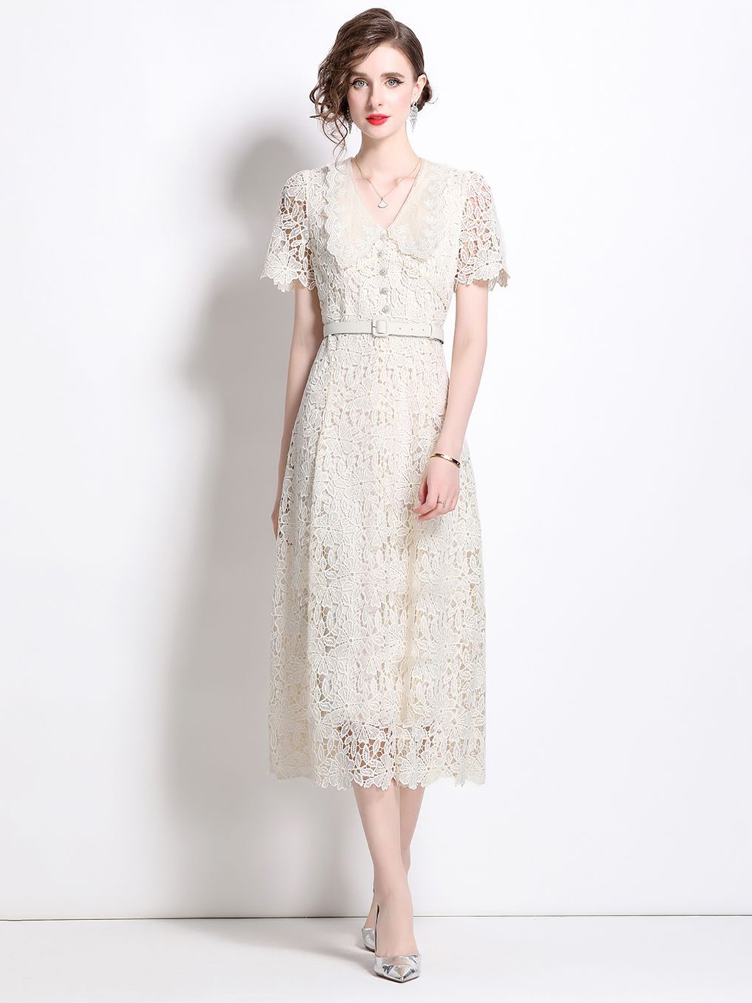 

JC Collection Women Solid V-Neck A-Line Dress, Beige