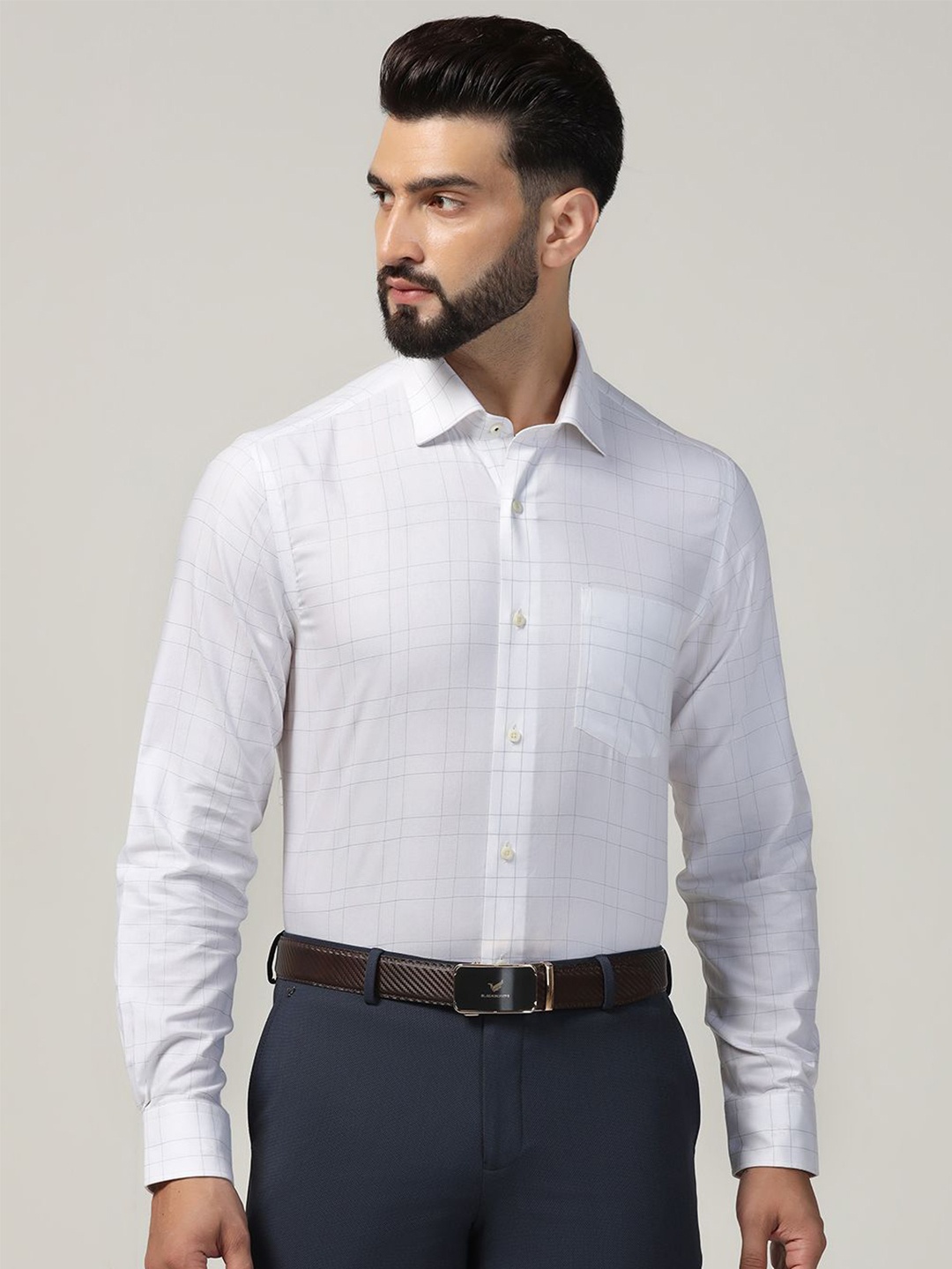 

Blackberrys Men India Spread Collar Tartan Checked Cotton Slim Fit Casual Shirt, White