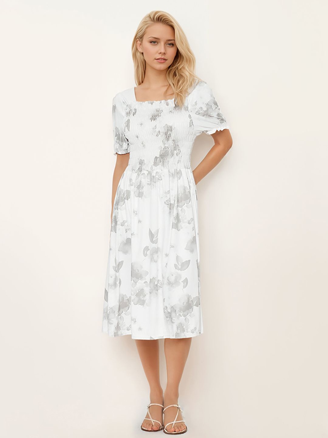 

JC Mode Floral Print A-Line Midi Dress, White