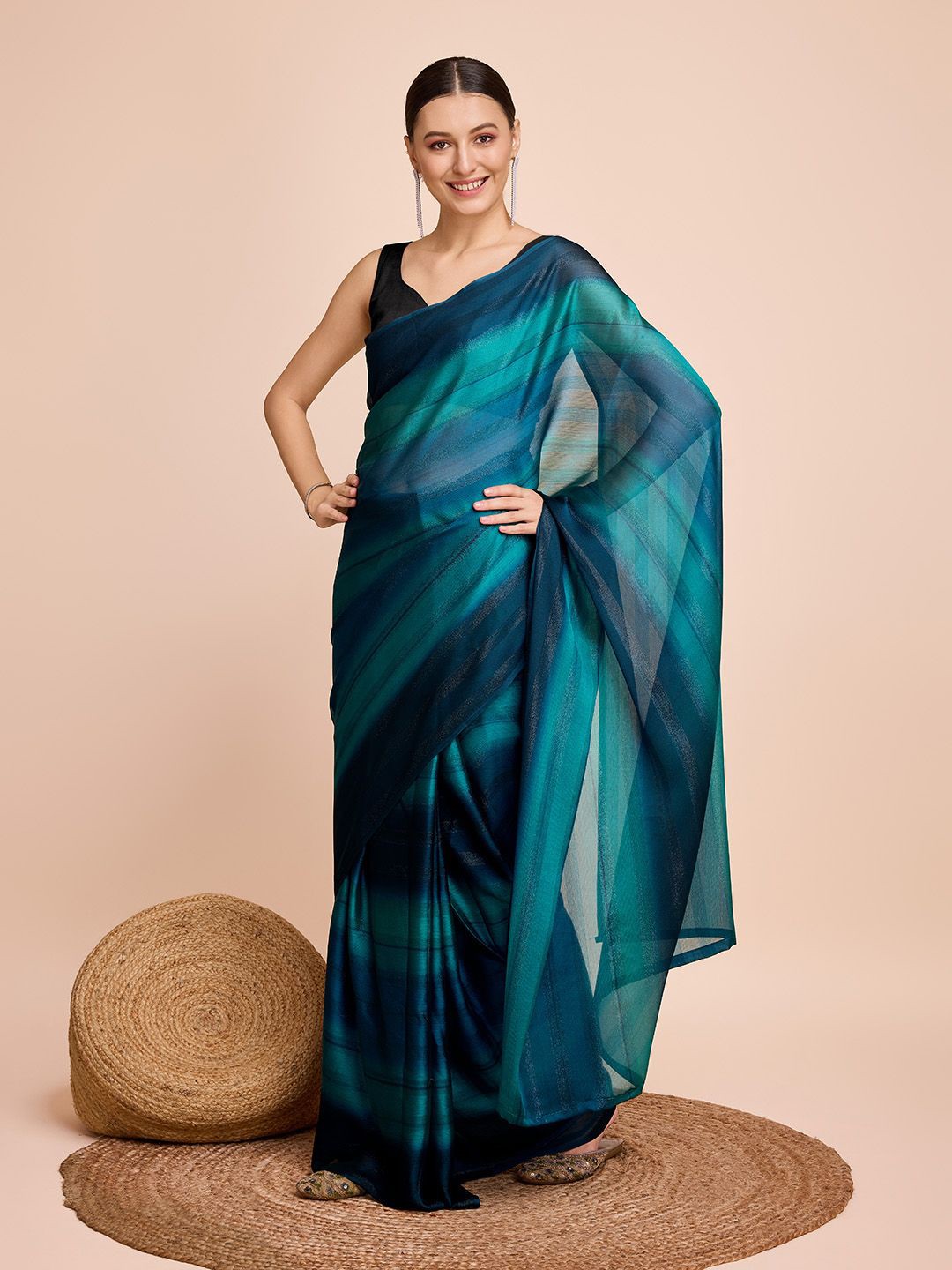 

Nimidiya Striped Poly Chiffon Saree, Teal
