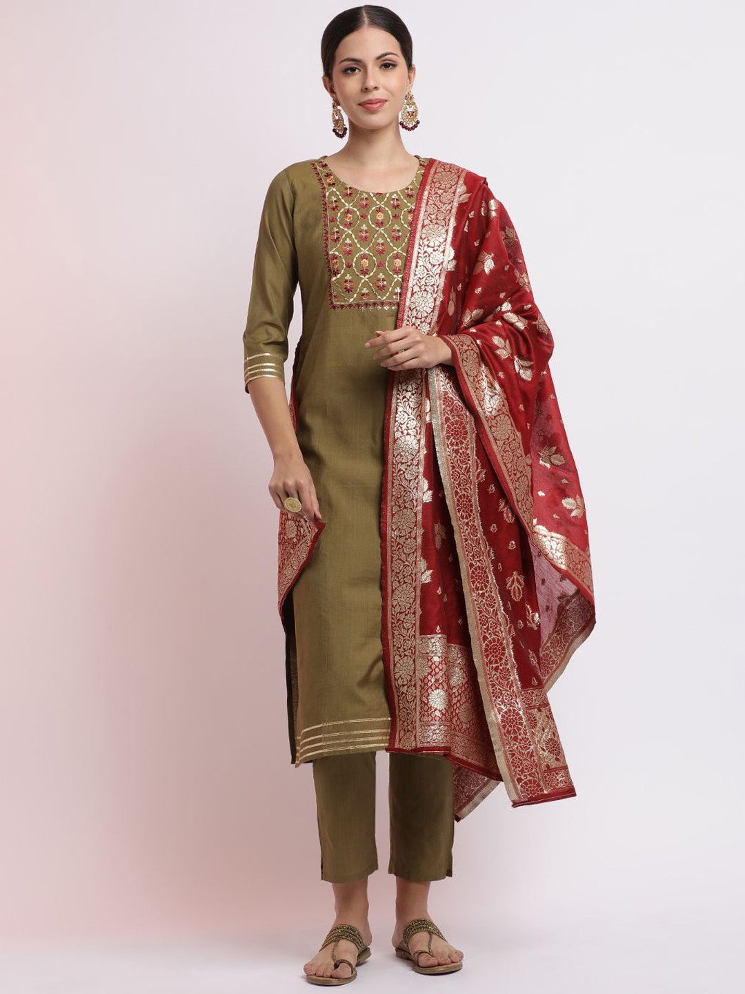 

Jaipur Kurti Art Silk Embroidered Kurta Set with Dupatta, Beige