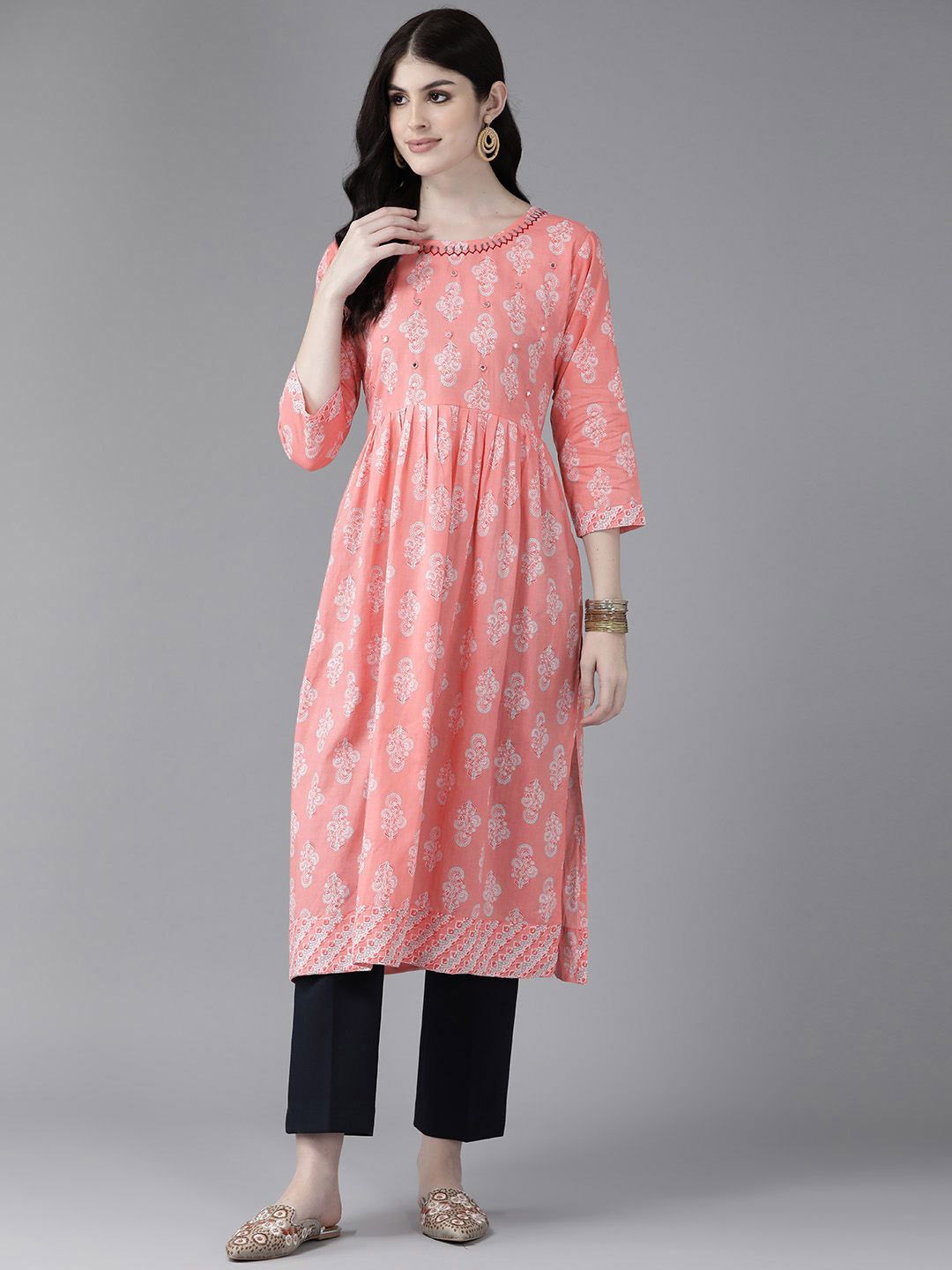 

BAESD Floral Printed Round Neck Mirror Work Cotton A-Line Kurta, Peach