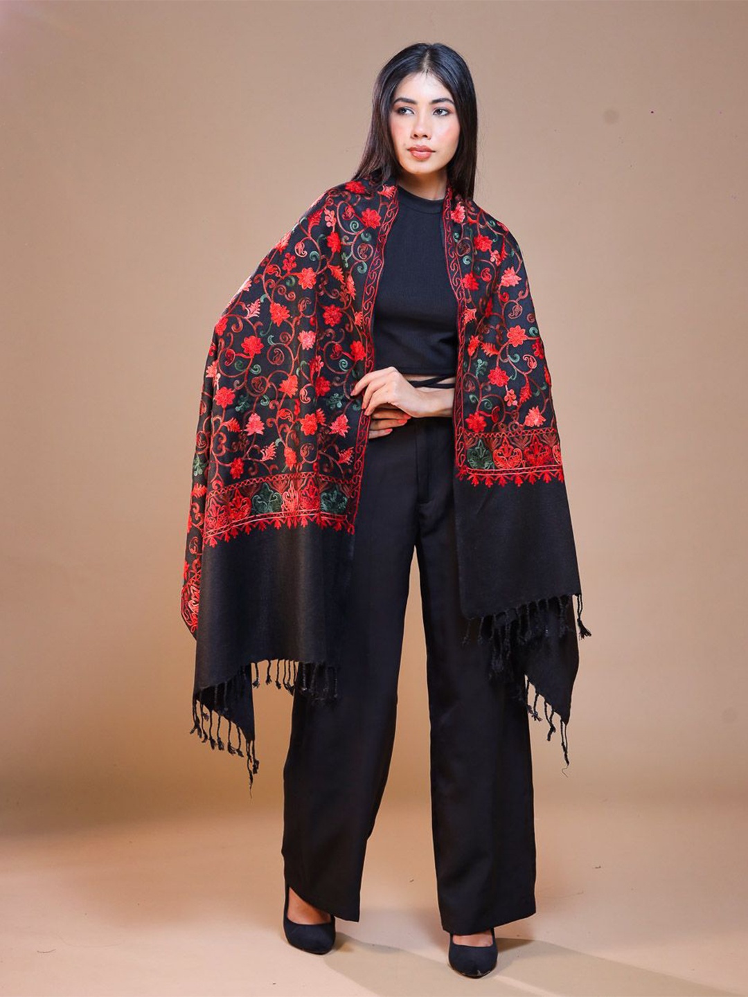 

SWI Stylish Women Floral Embroidered Fringed Wool Stoles, Black