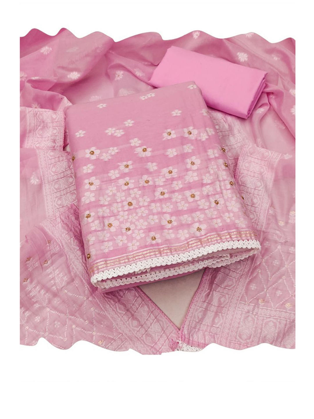 

ASISA Floral Embroidered Beads and Stones Pure Cotton Unstitched Dress Material, Pink
