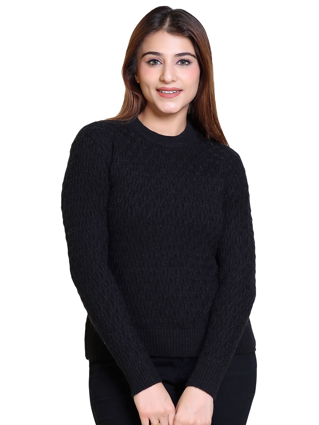 

LEZA Women Cable Knit Round Neck Pullover Sweater, Black