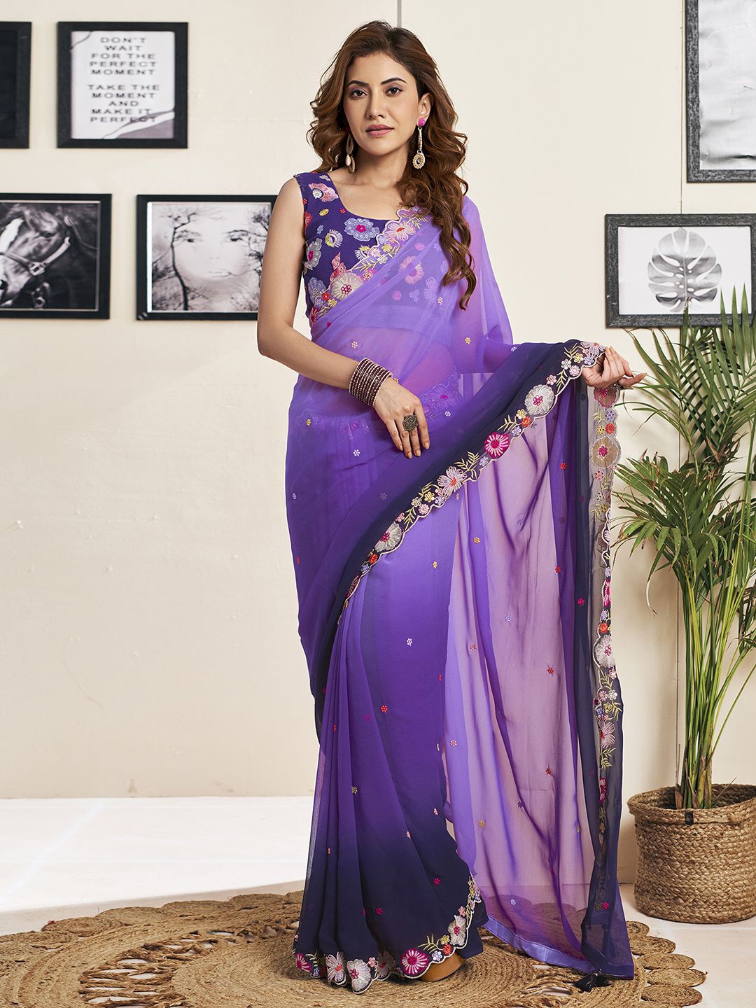 

all about you Floral Sequinned Blue Pure Georgette Solid Saree